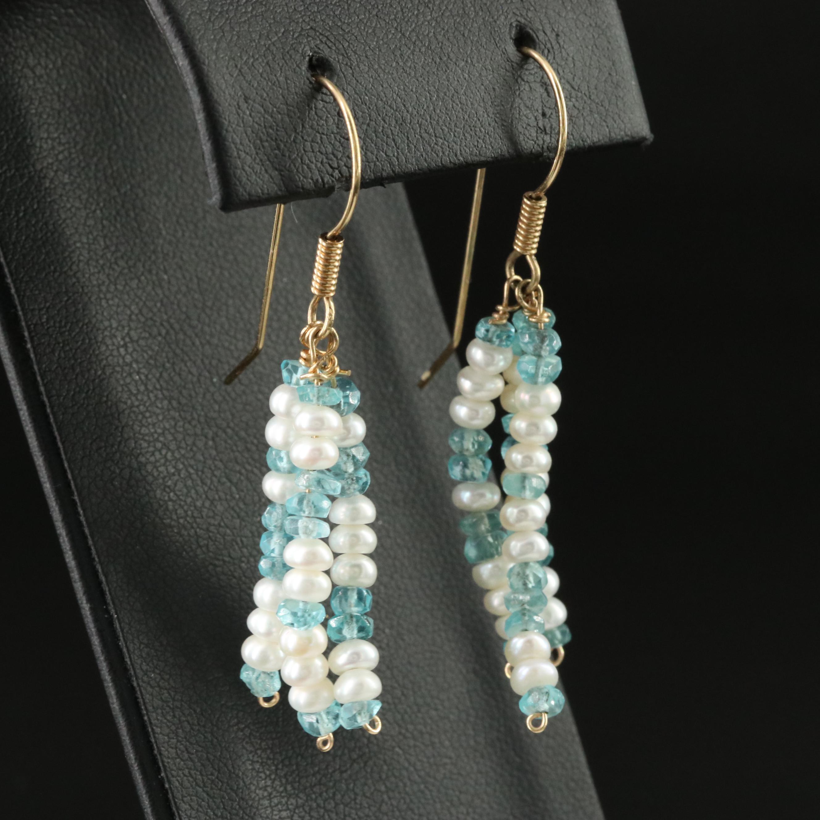 14K Pearl and Aquamarine Drop Earrings