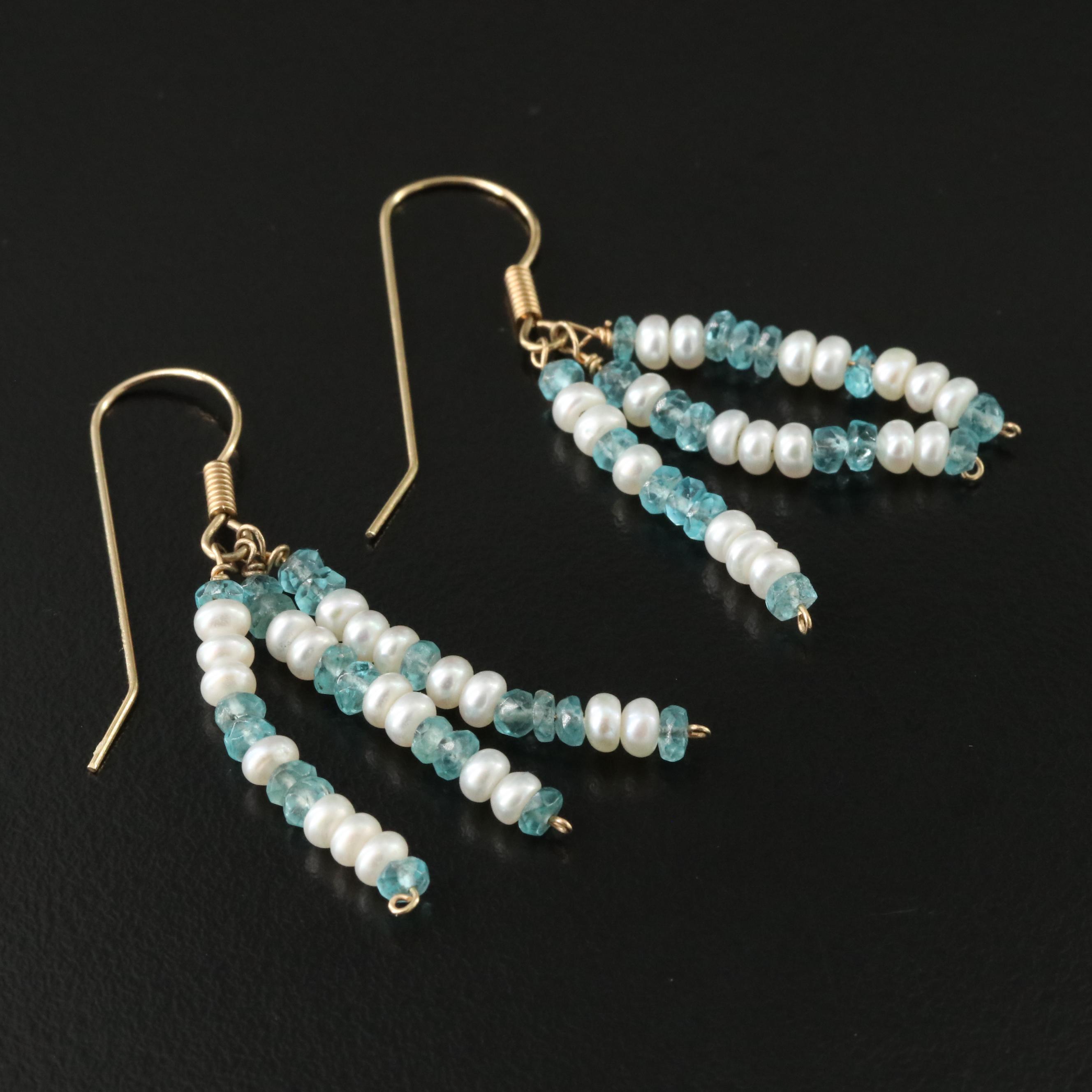 14K Pearl and Aquamarine Drop Earrings