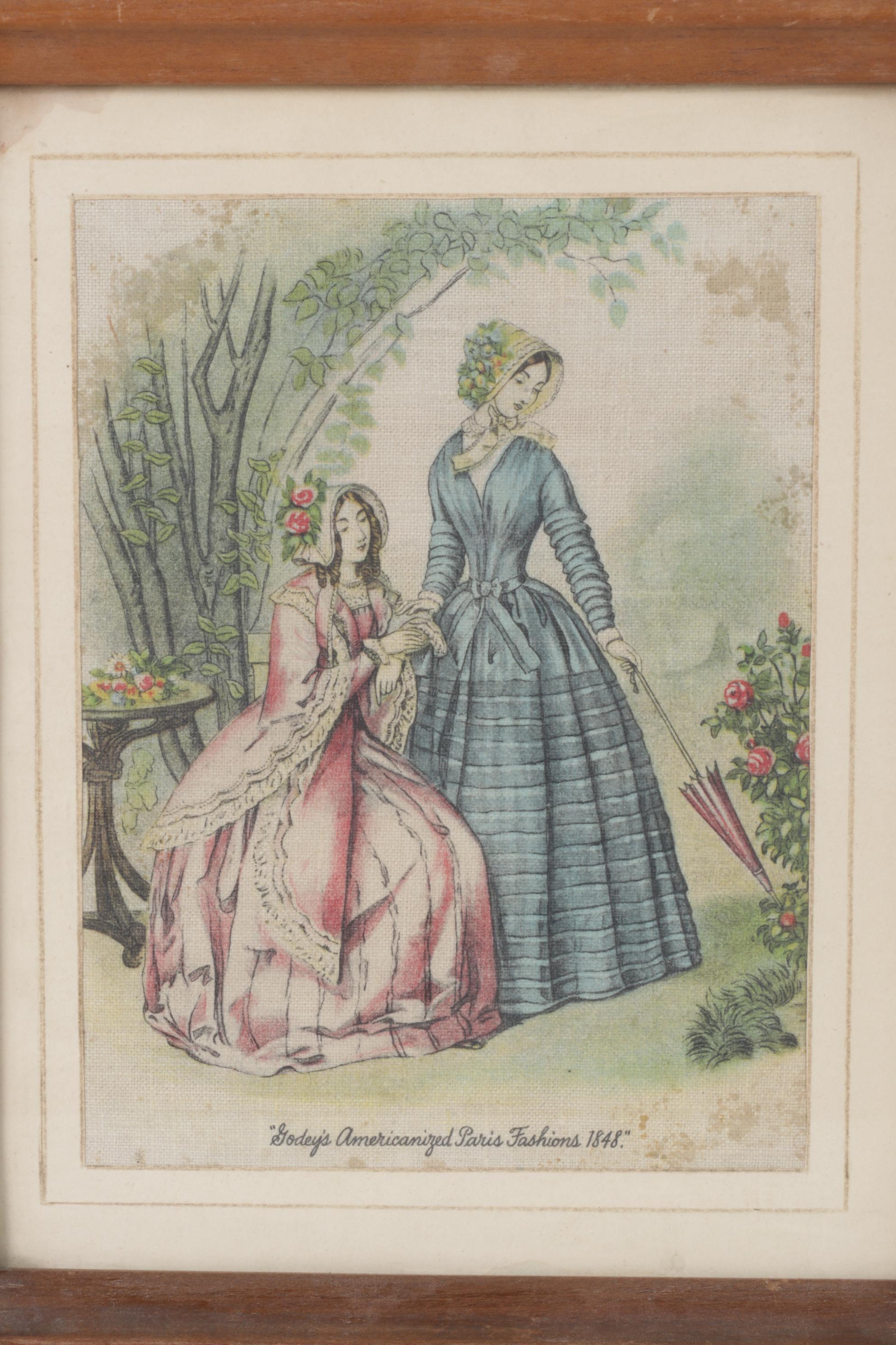 Godey's 1848 Paris Fashion Print Reproduction on Cloth, Framed