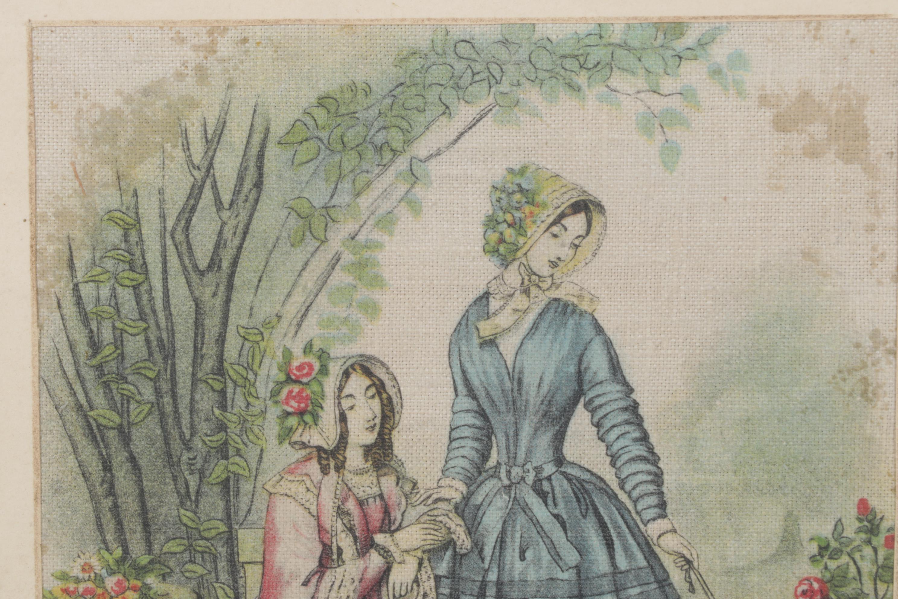 Godey's 1848 Paris Fashion Print Reproduction on Cloth, Framed