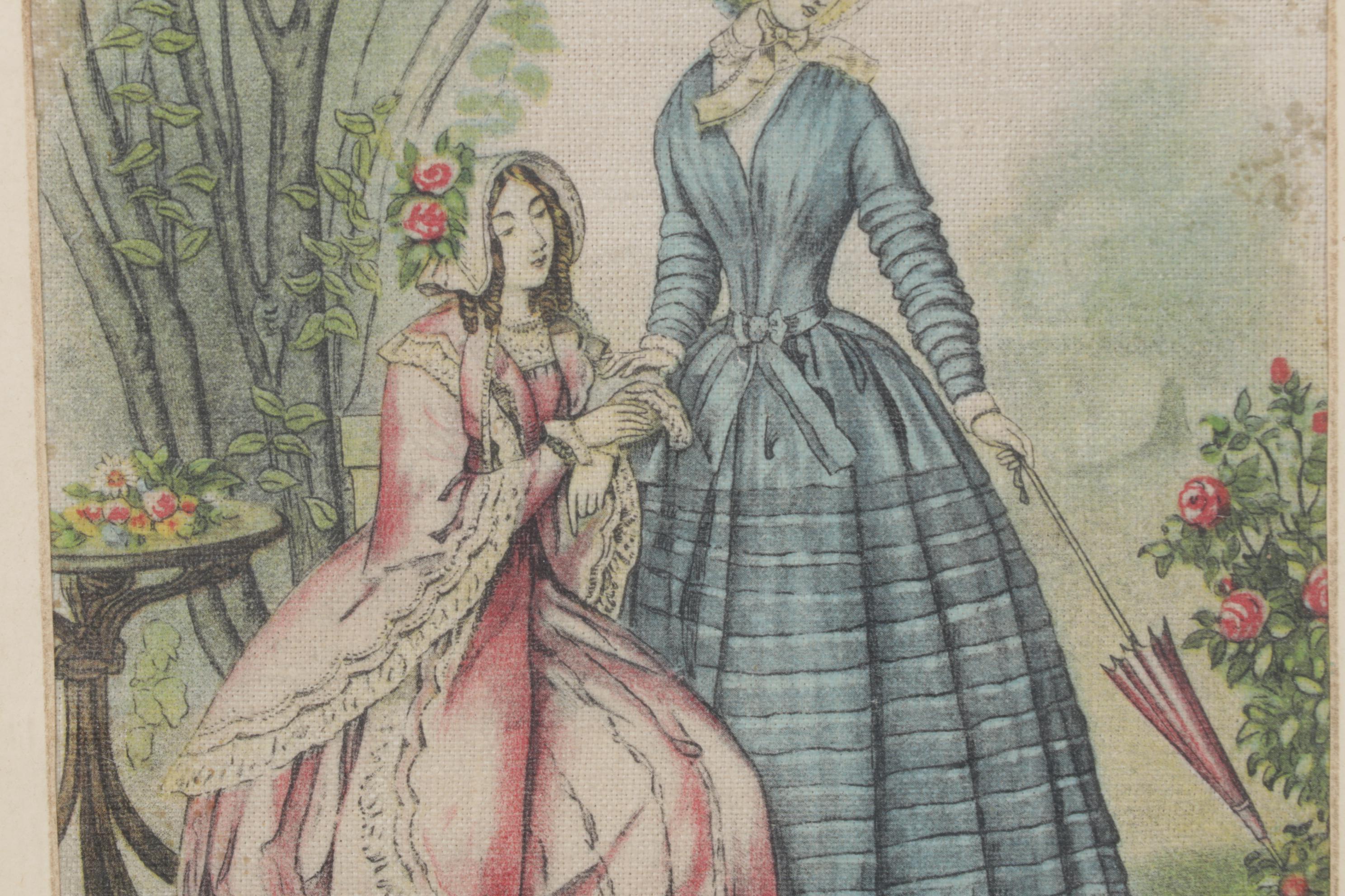 Godey's 1848 Paris Fashion Print Reproduction on Cloth, Framed