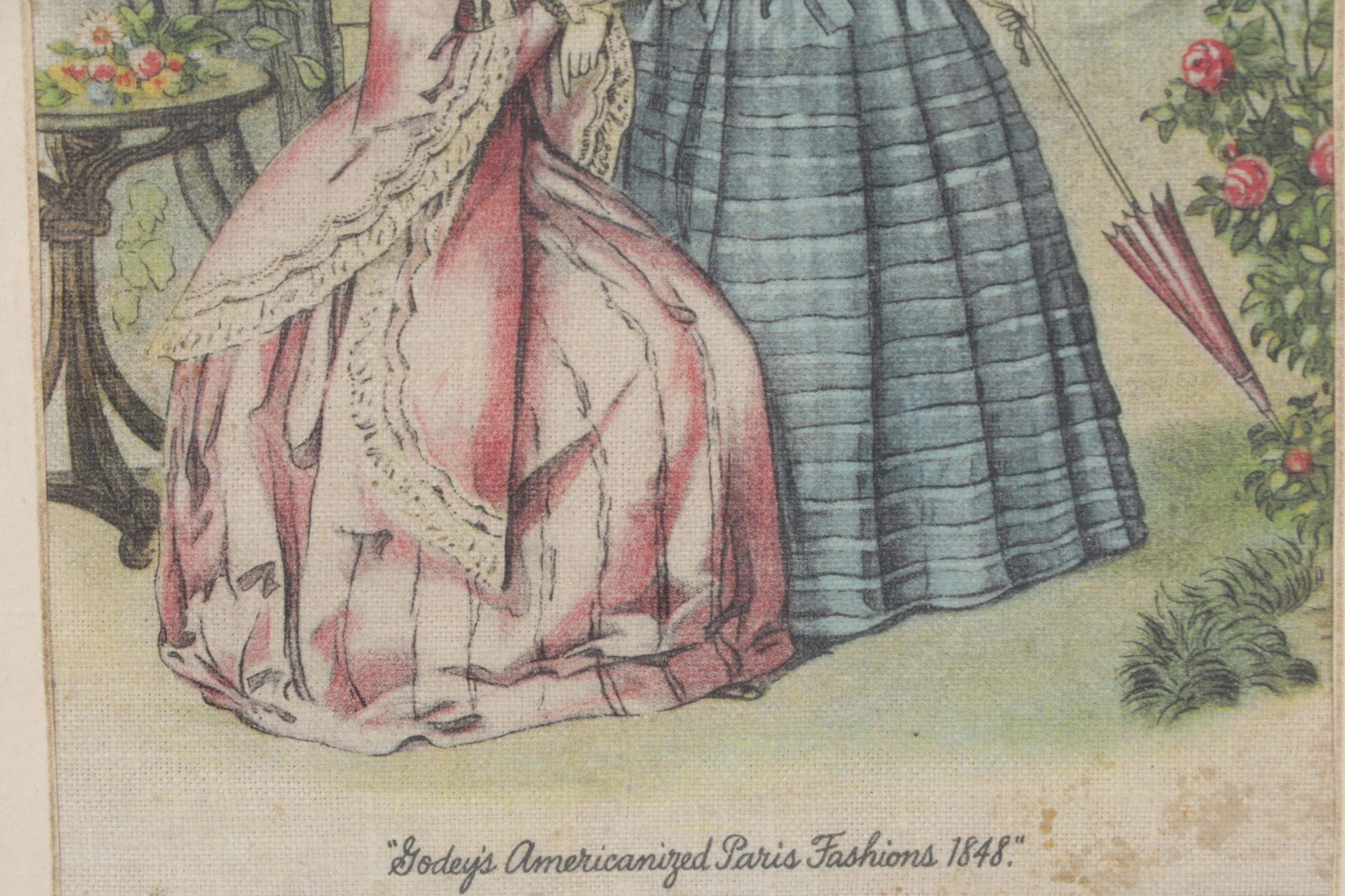 Godey's 1848 Paris Fashion Print Reproduction on Cloth, Framed