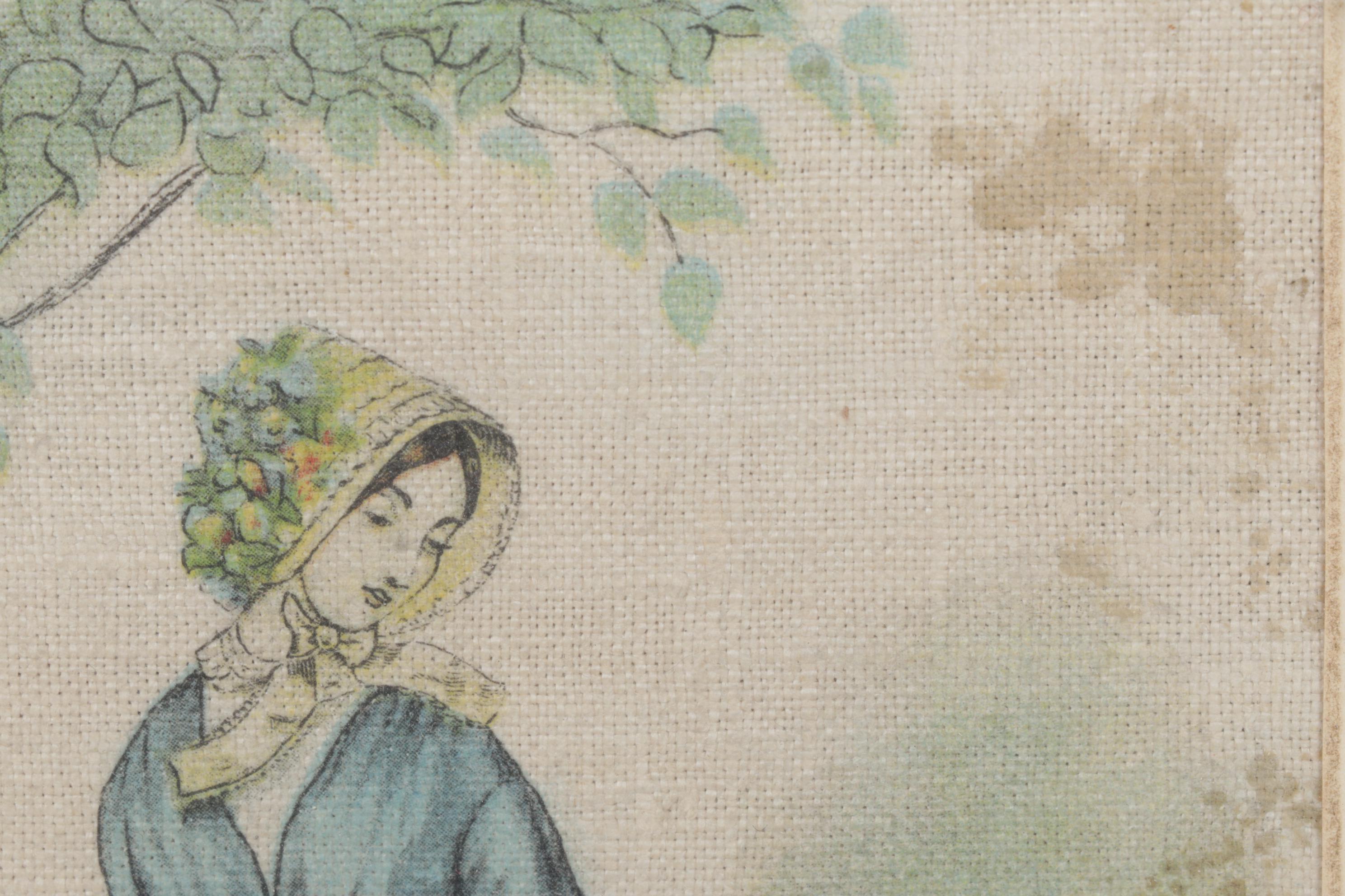 Godey's 1848 Paris Fashion Print Reproduction on Cloth, Framed