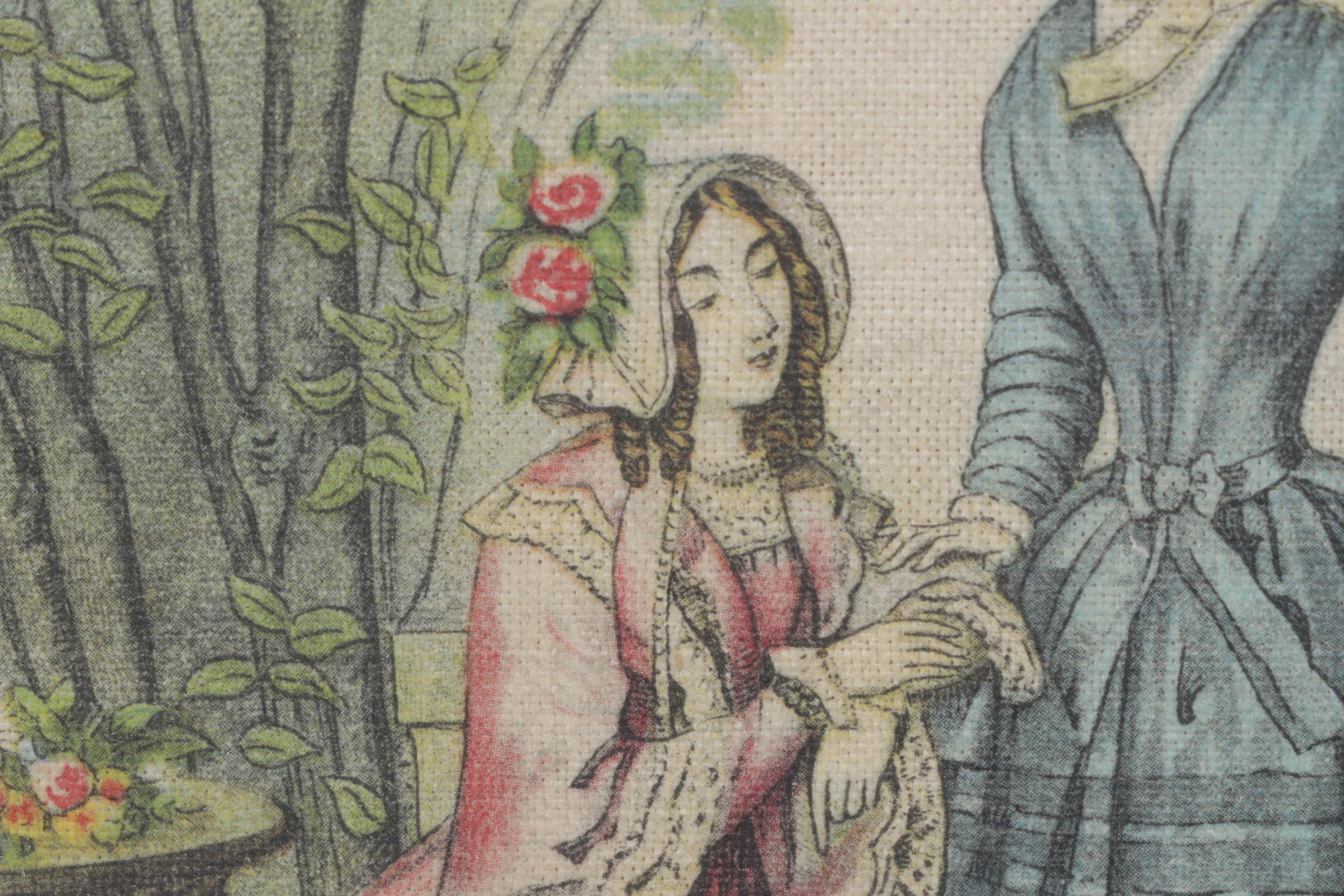 Godey's 1848 Paris Fashion Print Reproduction on Cloth, Framed