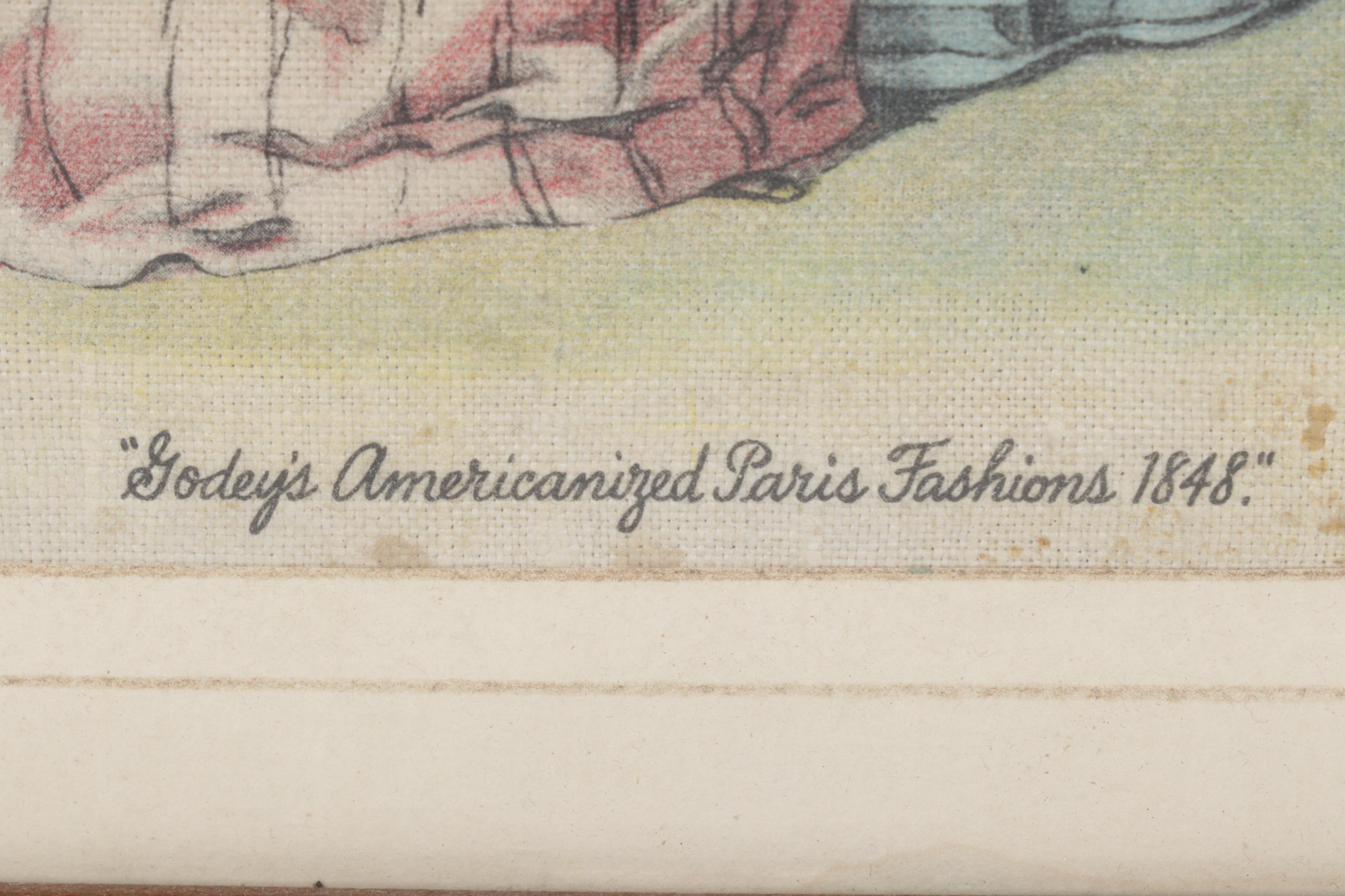 Godey's 1848 Paris Fashion Print Reproduction on Cloth, Framed