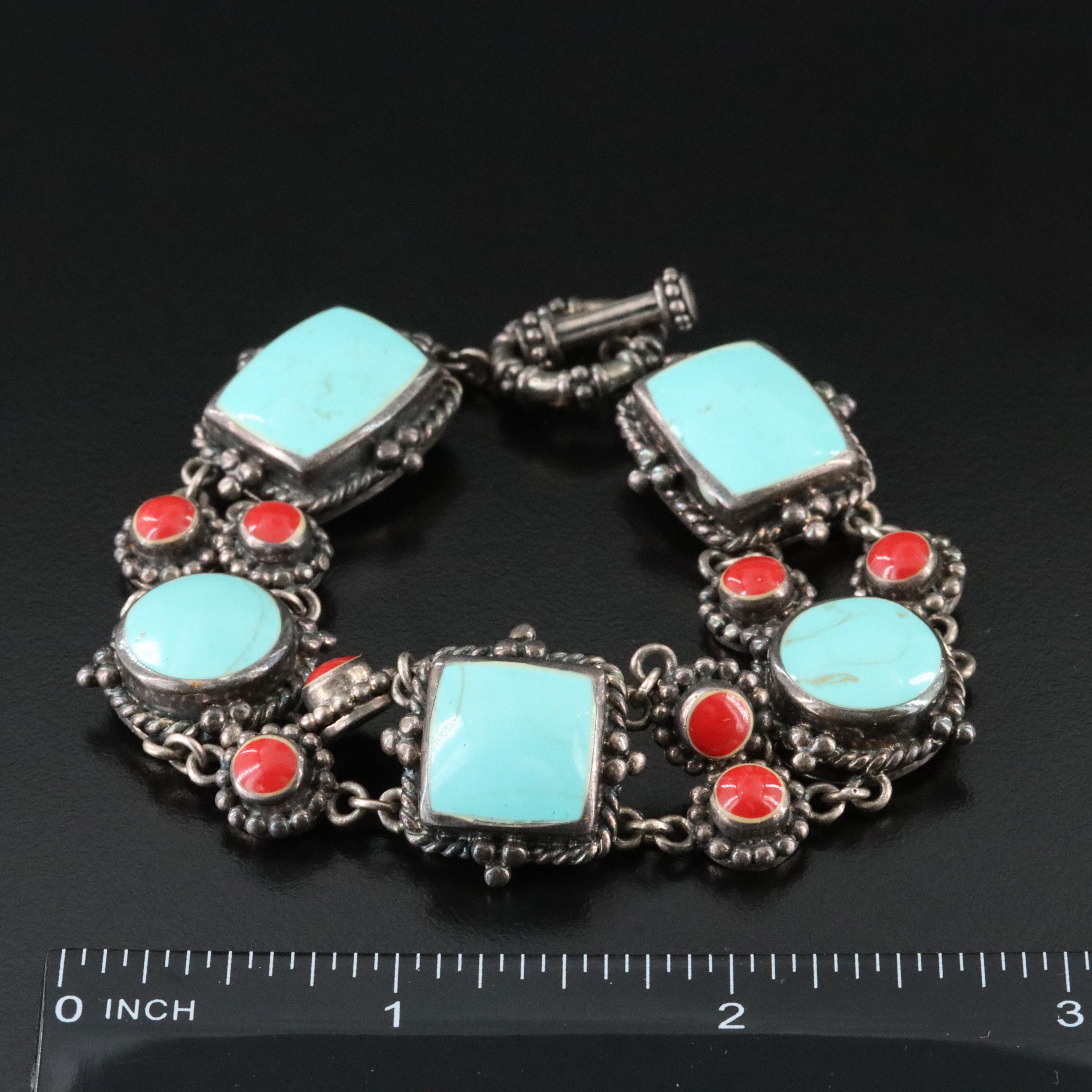 Sterling Faux Turquoise and Faux Coral Bracelet and Earrings