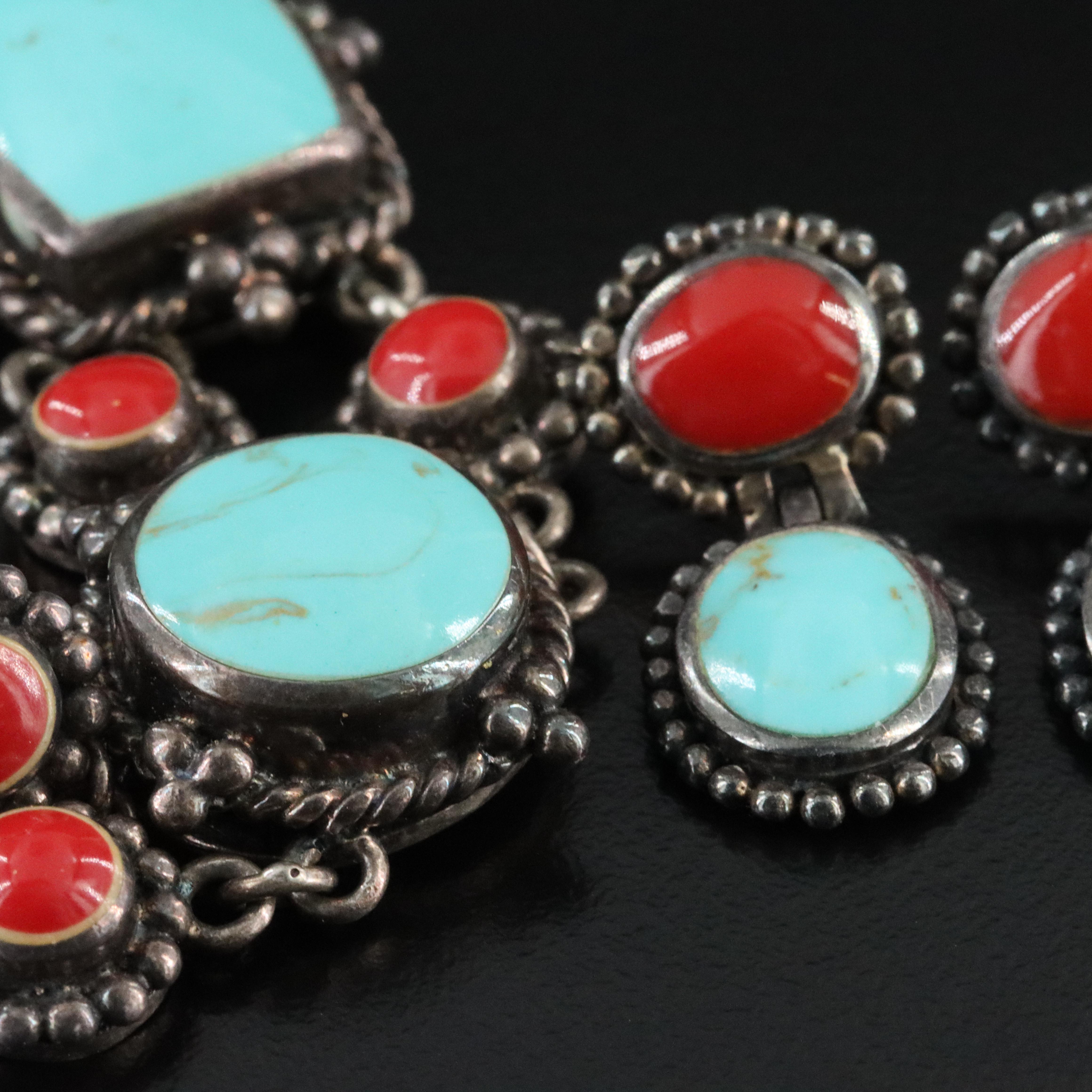 Sterling Faux Turquoise and Faux Coral Bracelet and Earrings