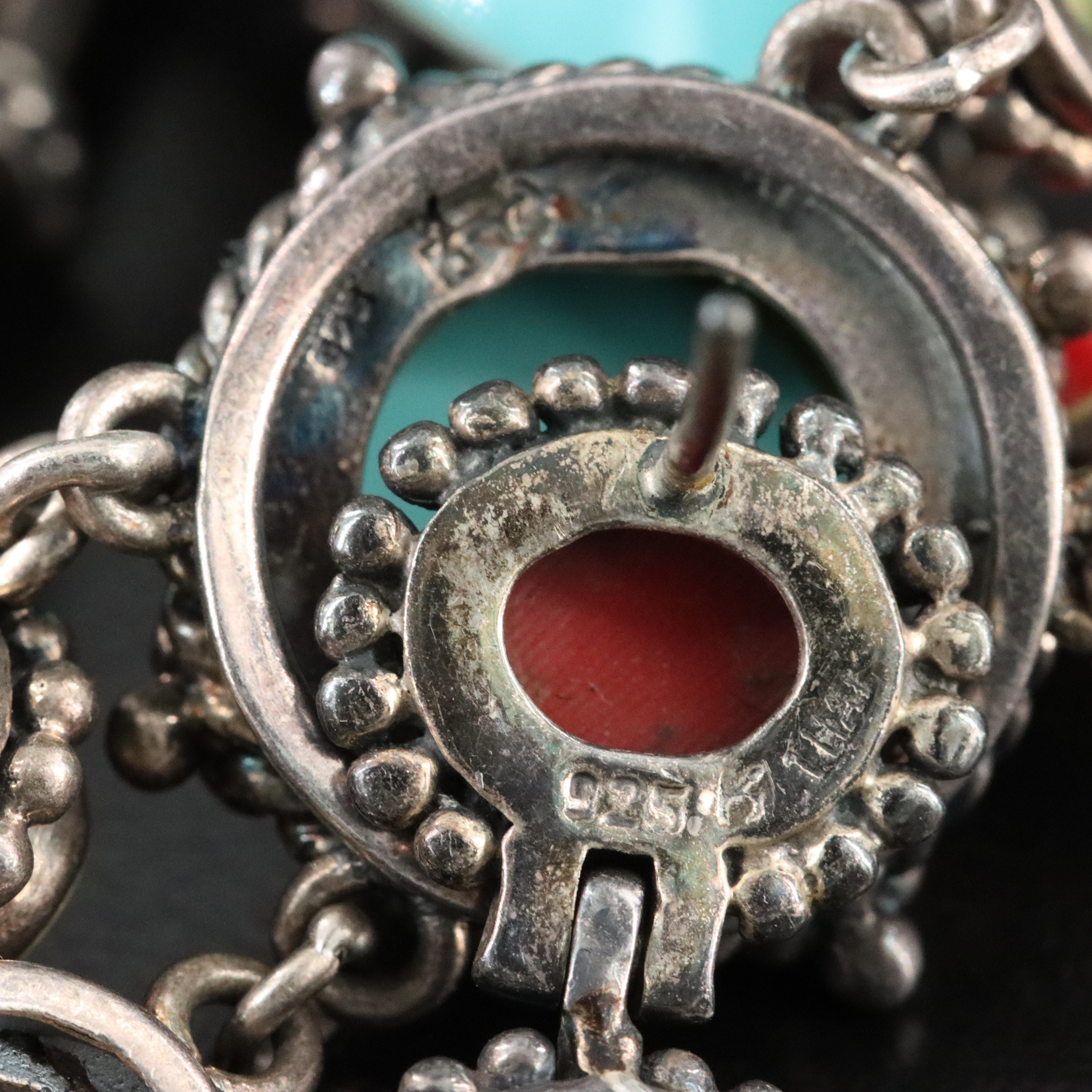 Sterling Faux Turquoise and Faux Coral Bracelet and Earrings