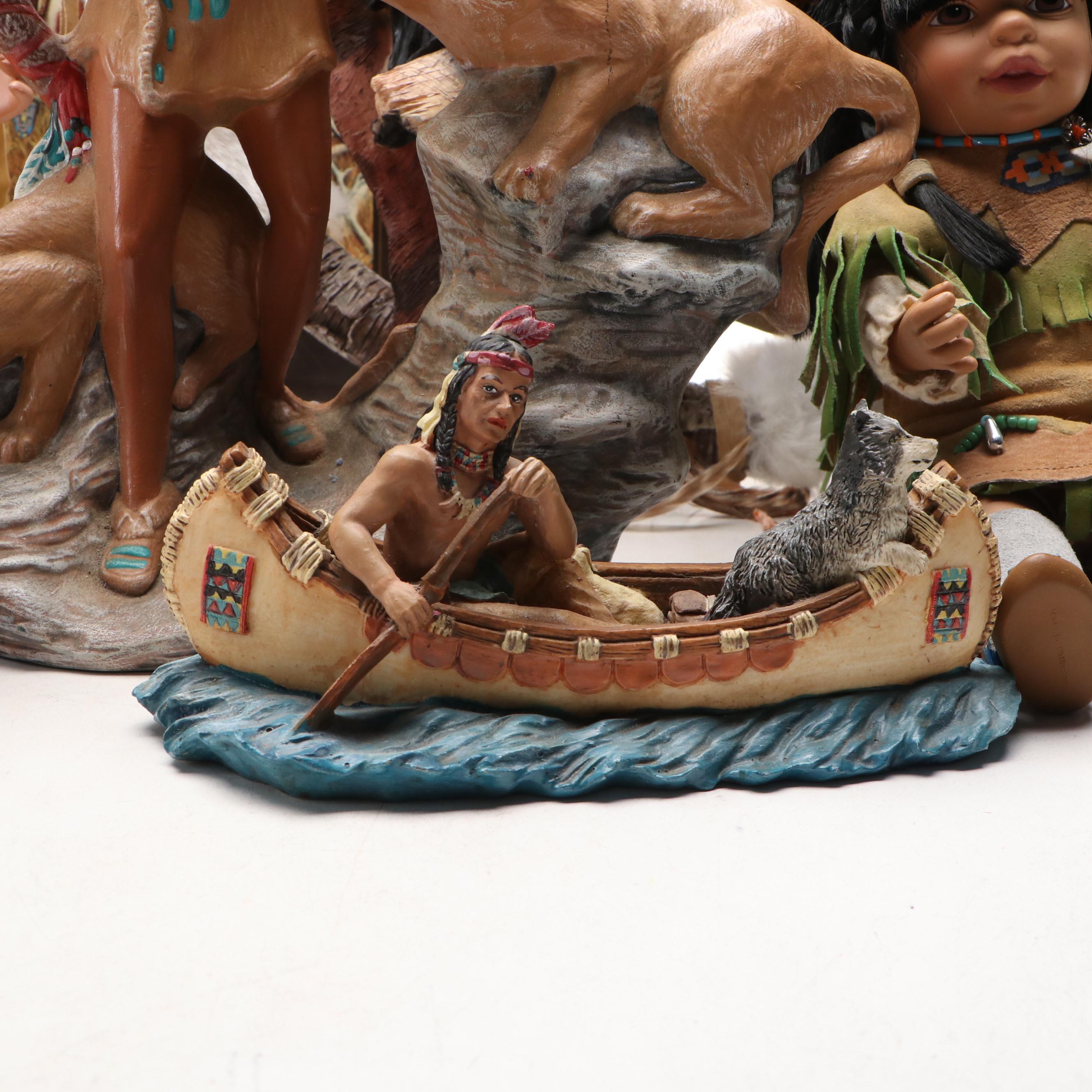 Native American Figurine and Doll Collection Featuring Painting Book