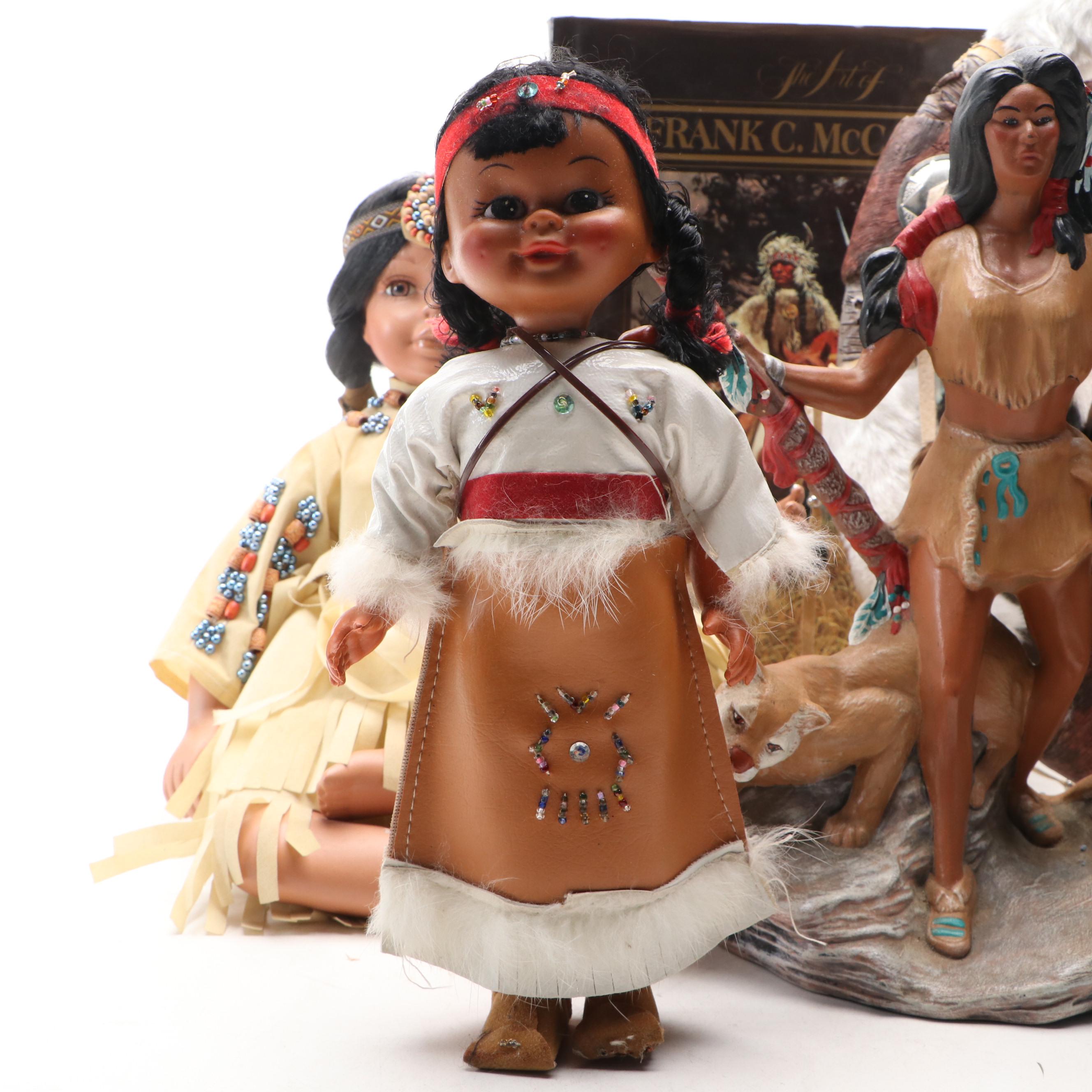Native American Figurine and Doll Collection Featuring Painting Book