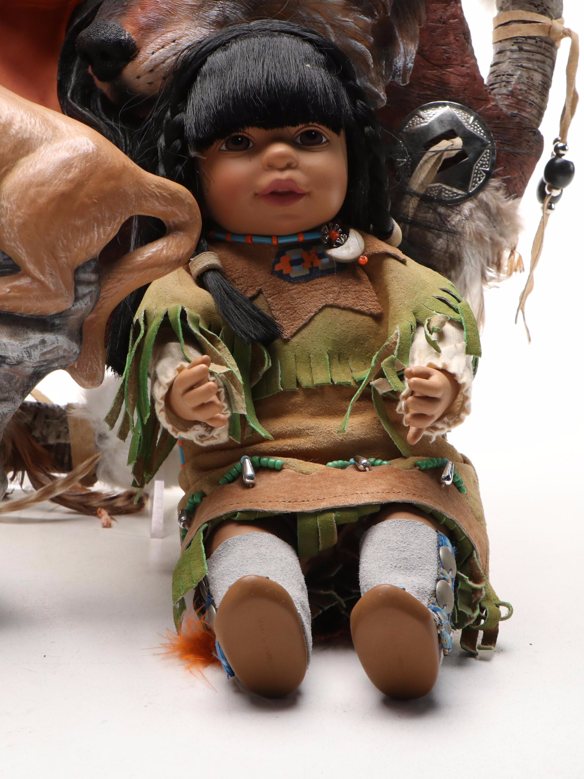 Native American Figurine and Doll Collection Featuring Painting Book