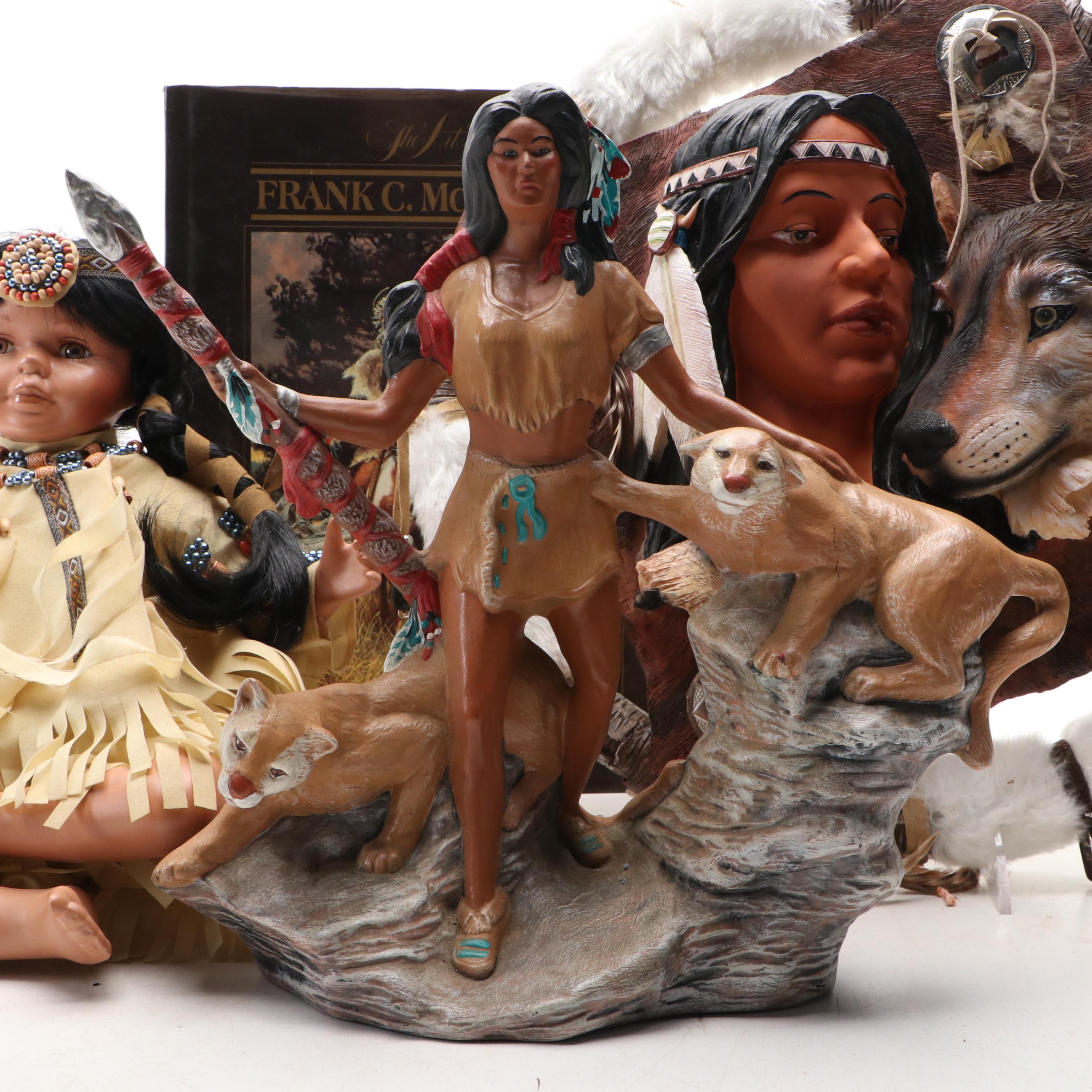 Native American Figurine and Doll Collection Featuring Painting Book