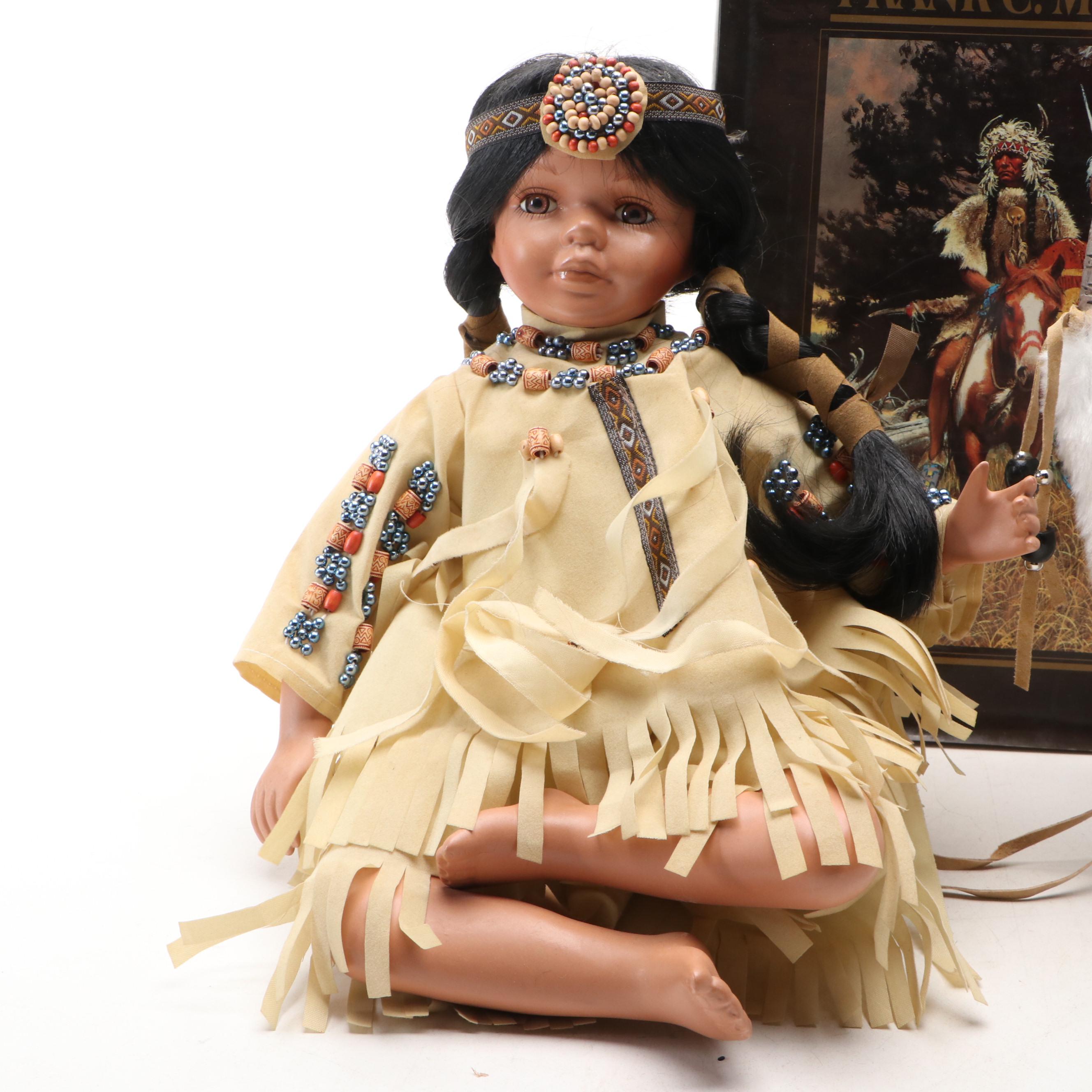 Native American Figurine and Doll Collection Featuring Painting Book