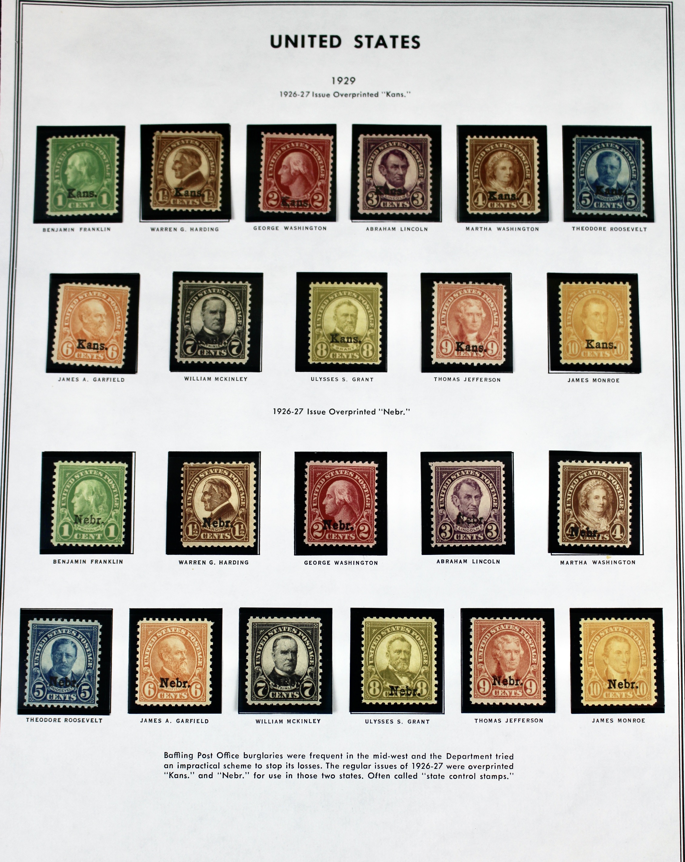 1929 Kansas-Nebraska Overprint Postage Stamp Set, MH