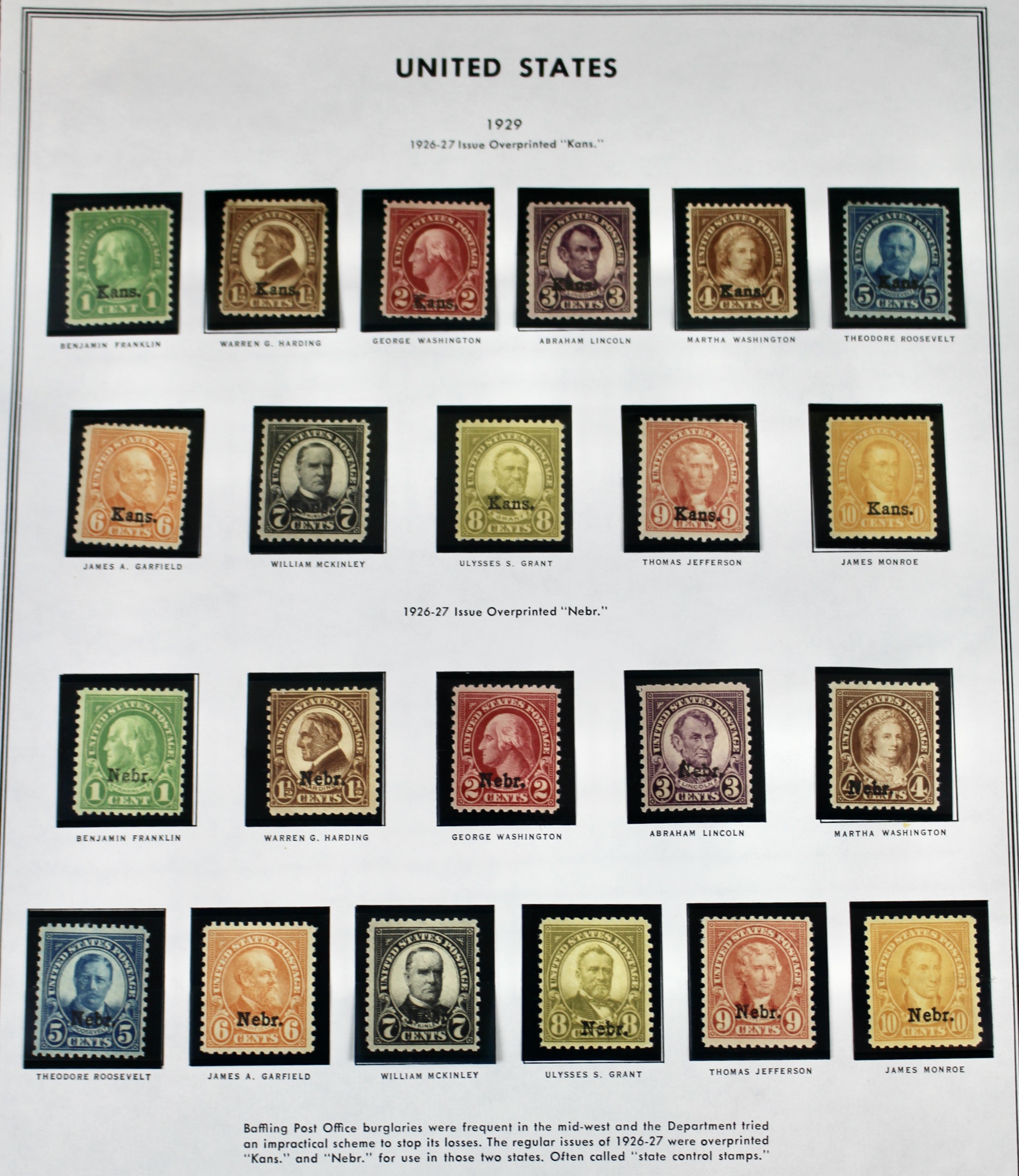 1929 Kansas-Nebraska Overprint Postage Stamp Set, MH