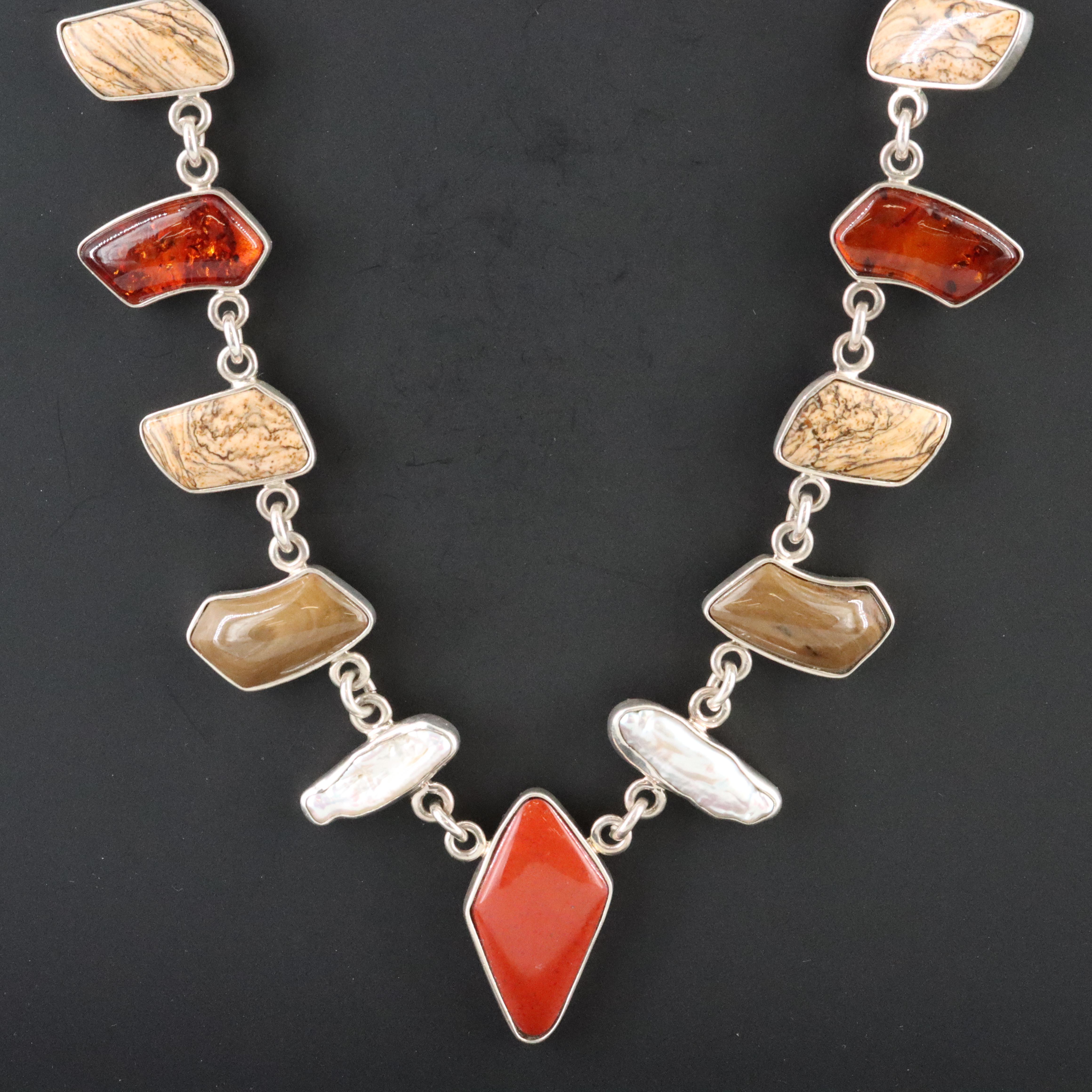 Desert Rose Trading Sterling Pearl, Amber and Jasper Necklace