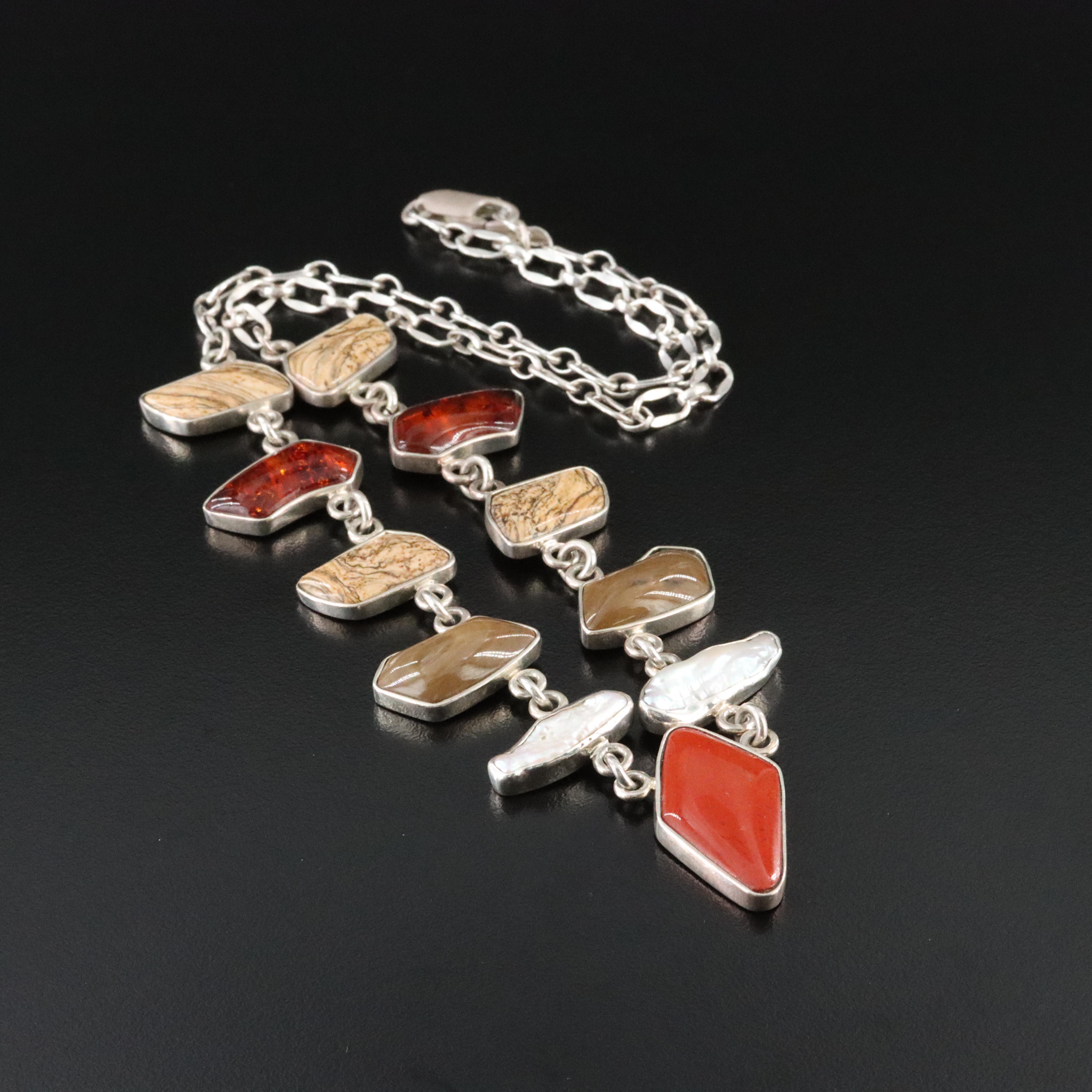 Desert Rose Trading Sterling Pearl, Amber and Jasper Necklace