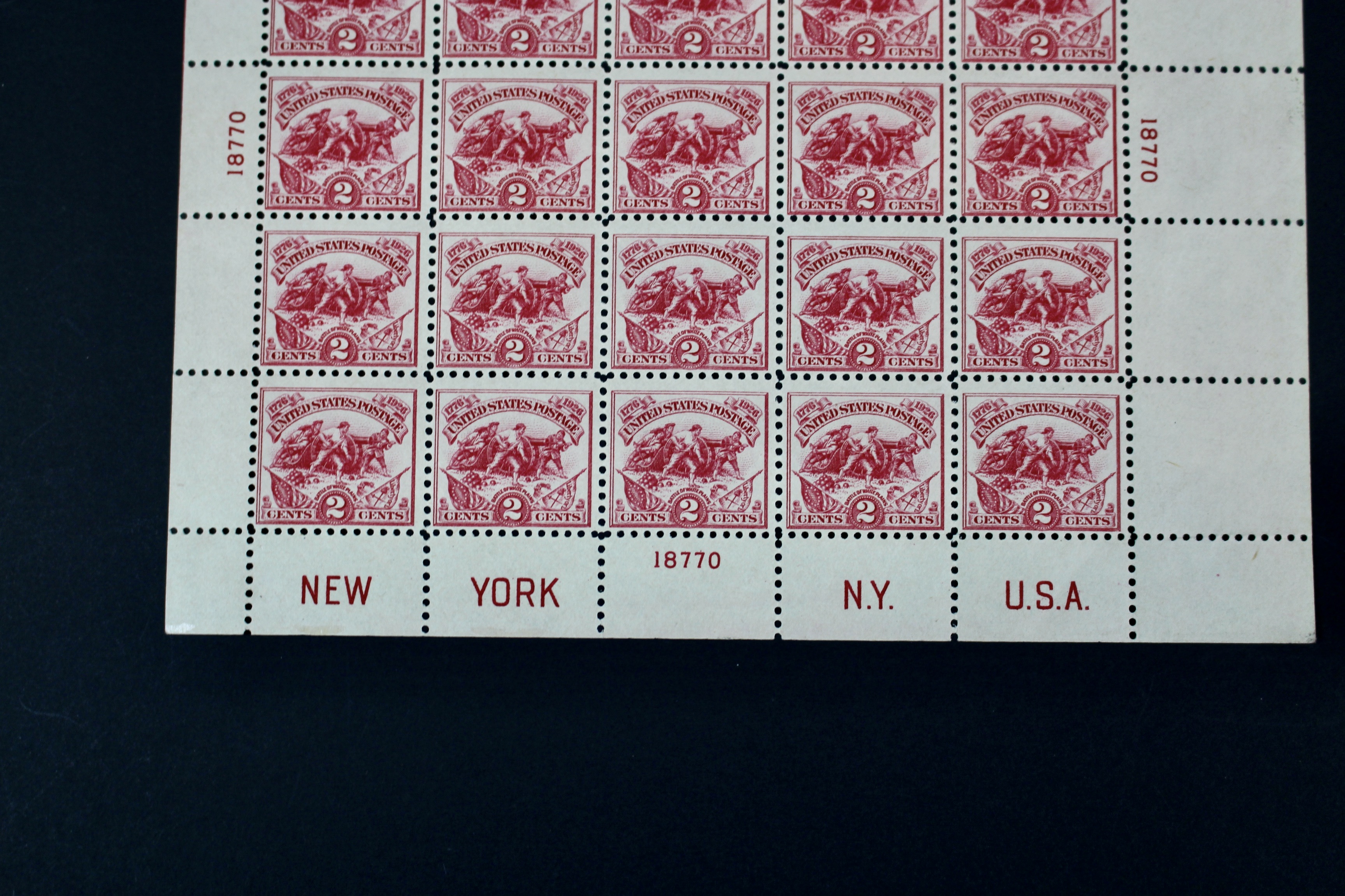 1926 White Plains Souvenir Postage Stamp Sheet, MH