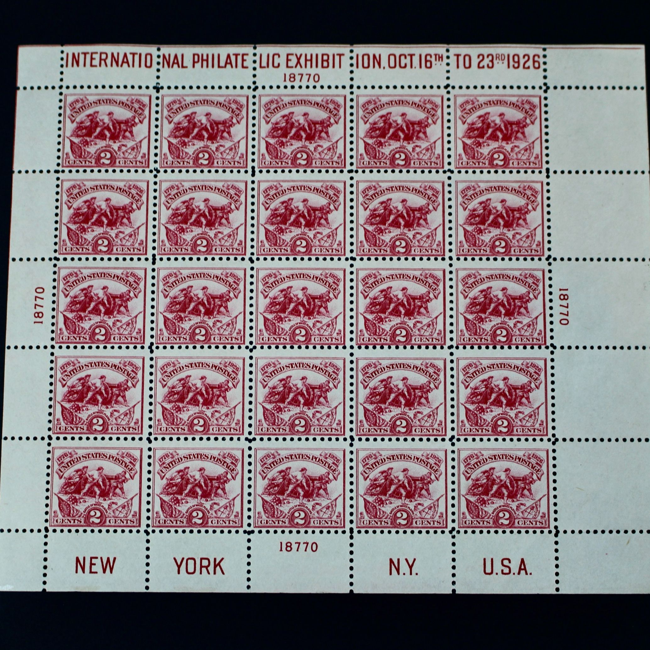 1926 White Plains Souvenir Postage Stamp Sheet, MH