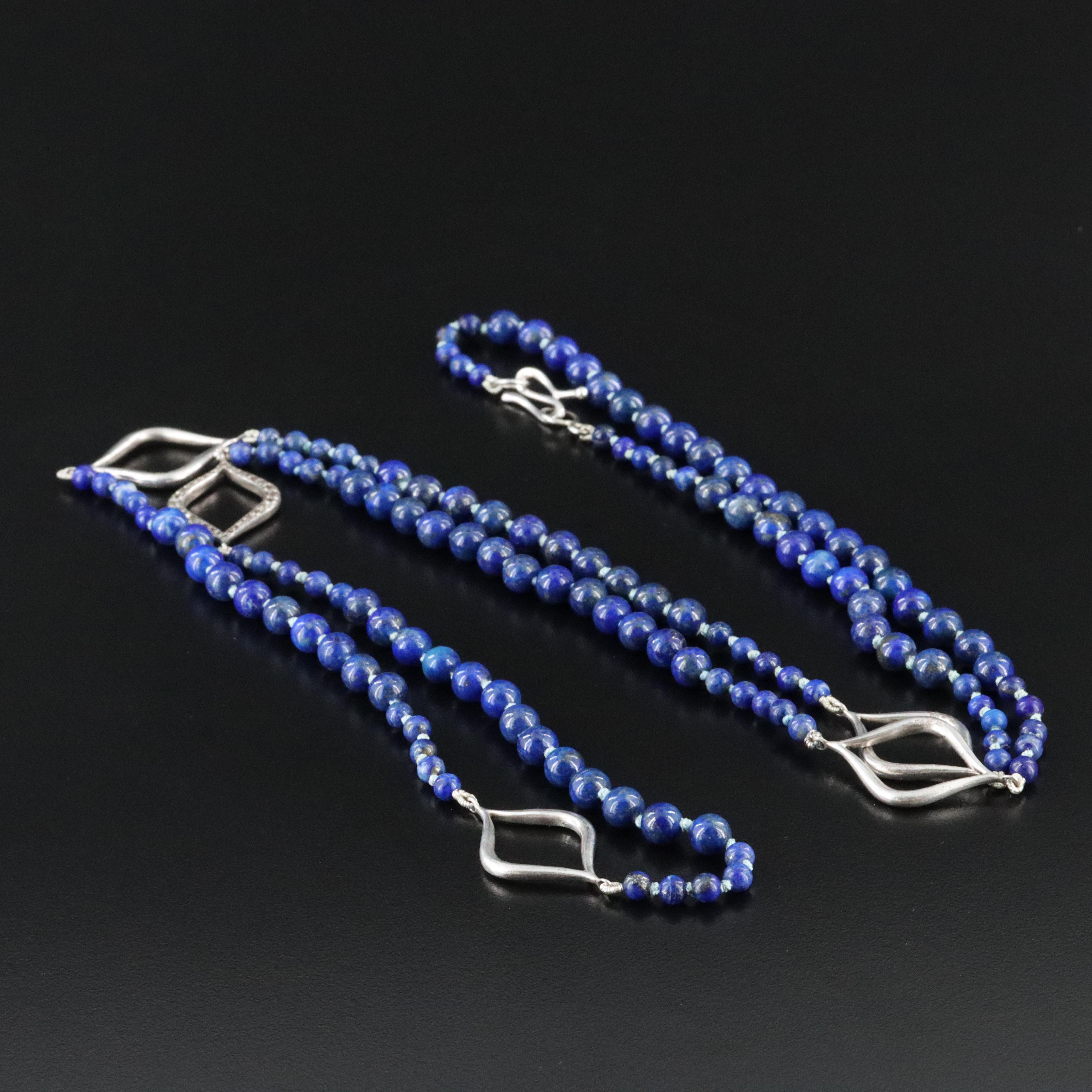 Sterling Lapis Lazuli Station Necklace with Rhinestone Accents