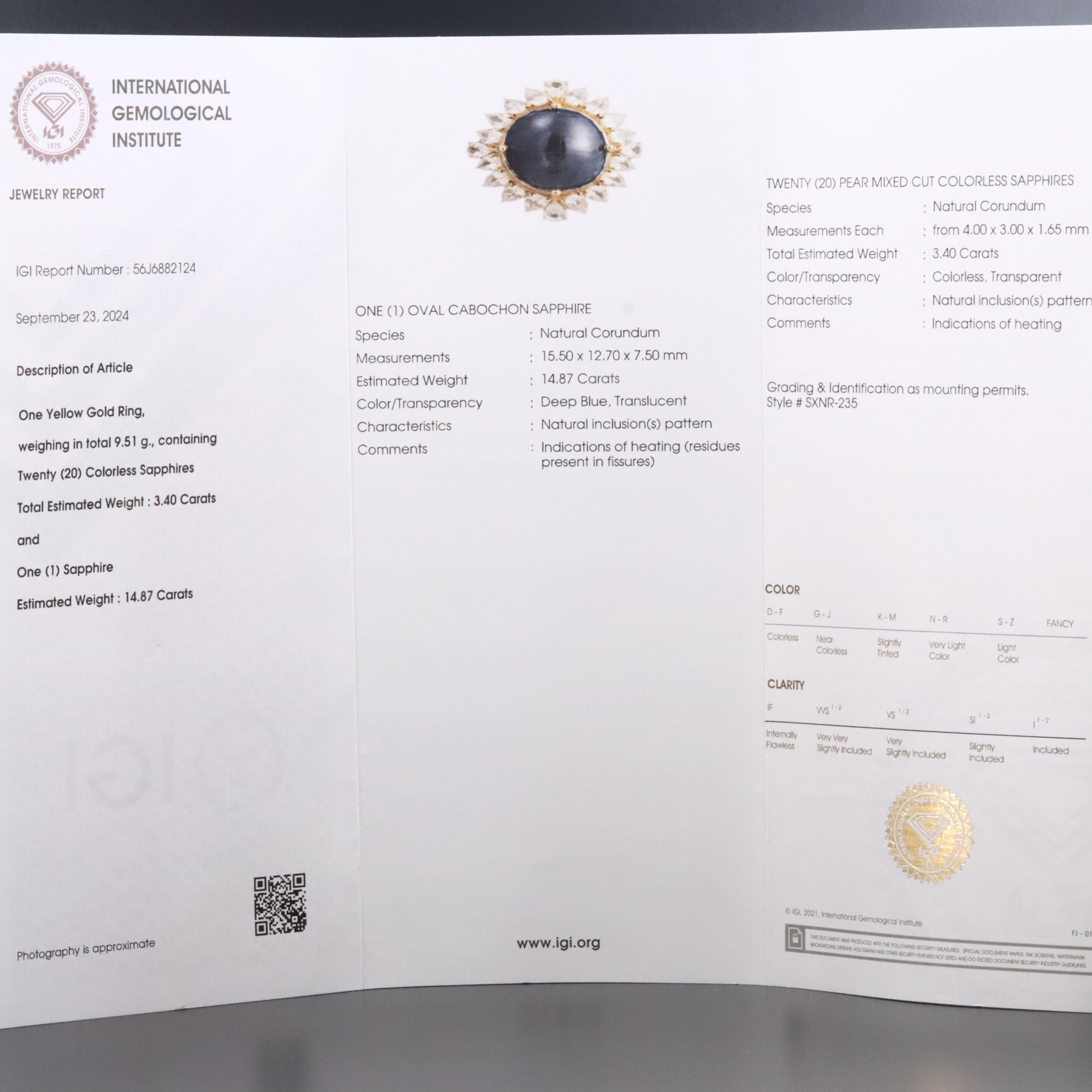 14K 14.87 CT Sapphire and White Sapphire Ring with IGI Jewelry Report