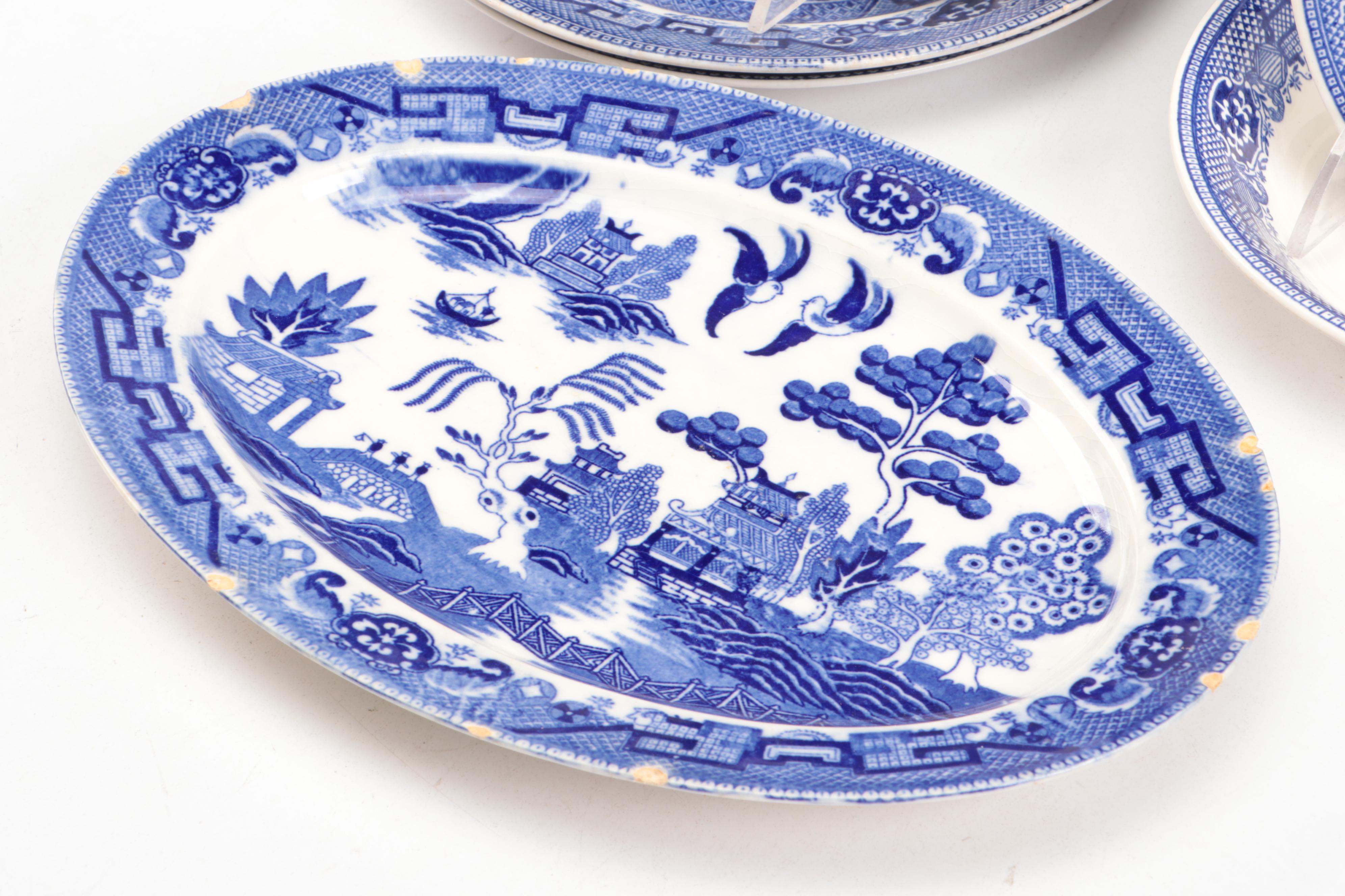 English and Japanese Blue Willow Ceramic Dinnerware