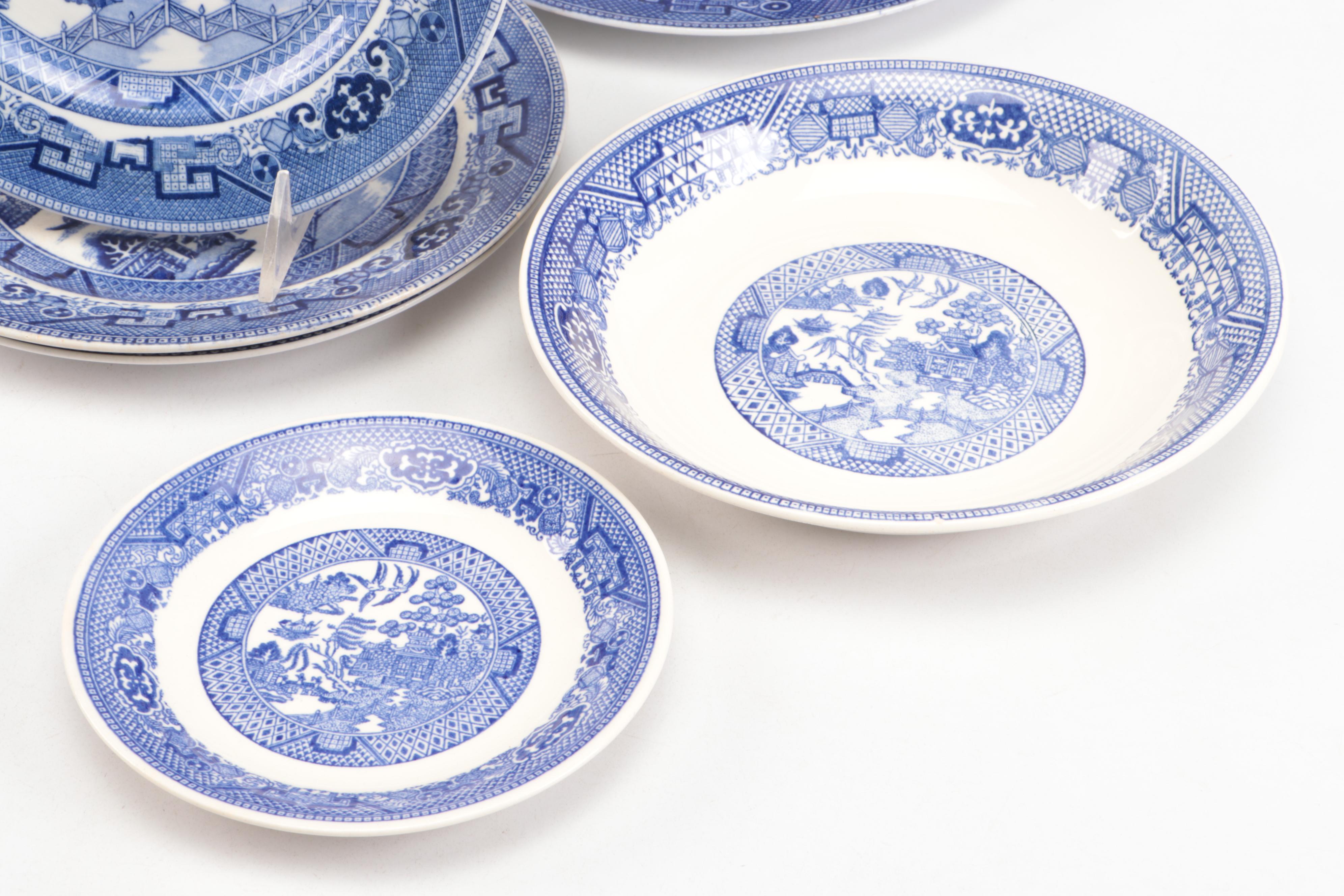 English and Japanese Blue Willow Ceramic Dinnerware