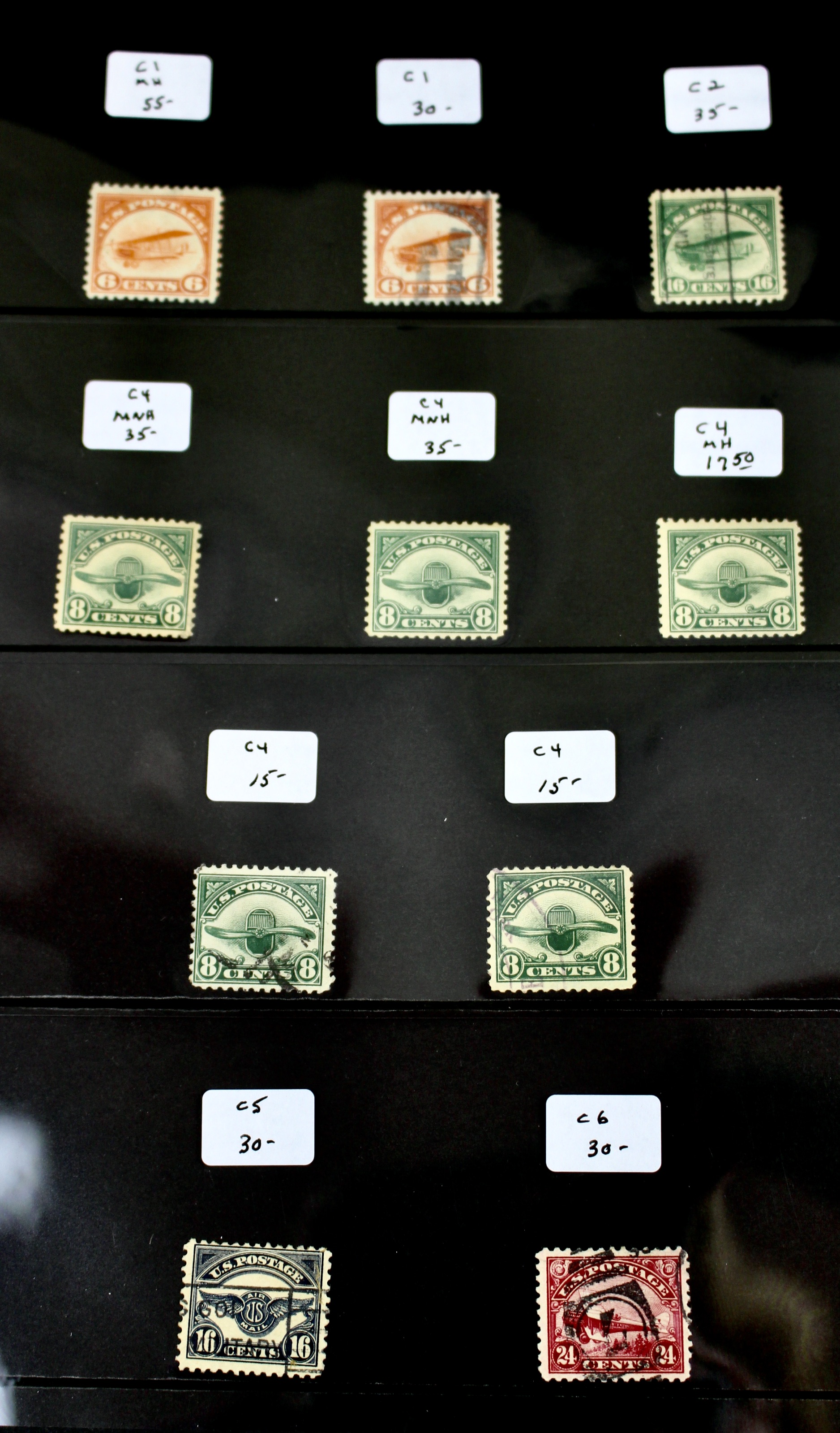 Ten Early U.S. Air Mail Stamps, Scott C1 to C6
