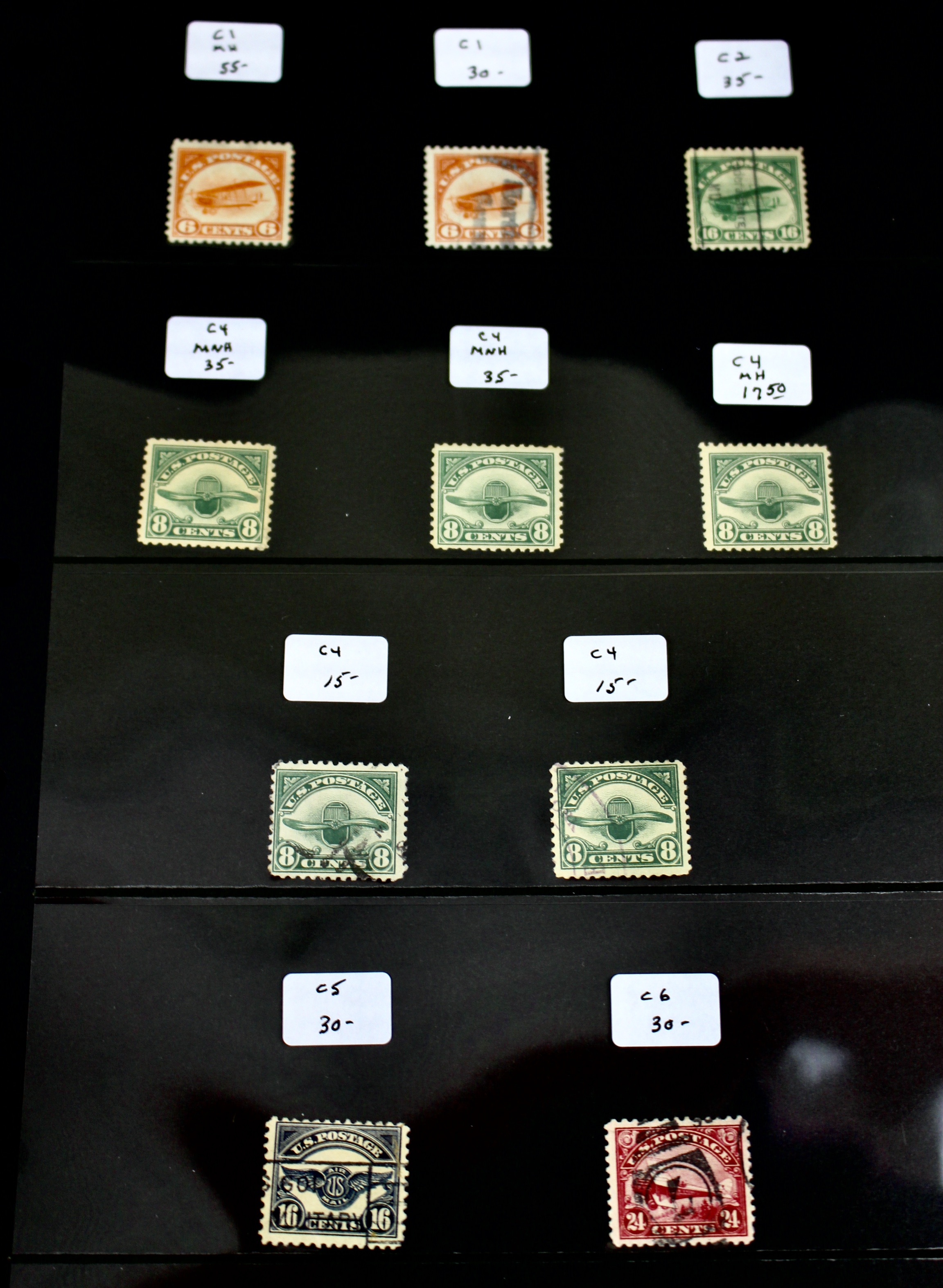 Ten Early U.S. Air Mail Stamps, Scott C1 to C6