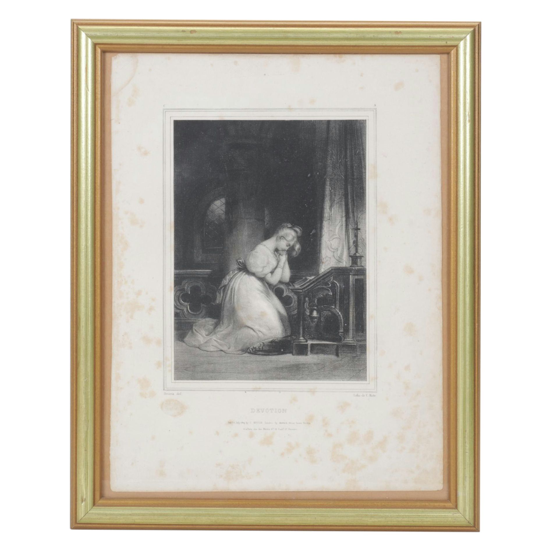 Lithograph Print "Devotion" After Achille Devéria, Mid to Late 19th C.