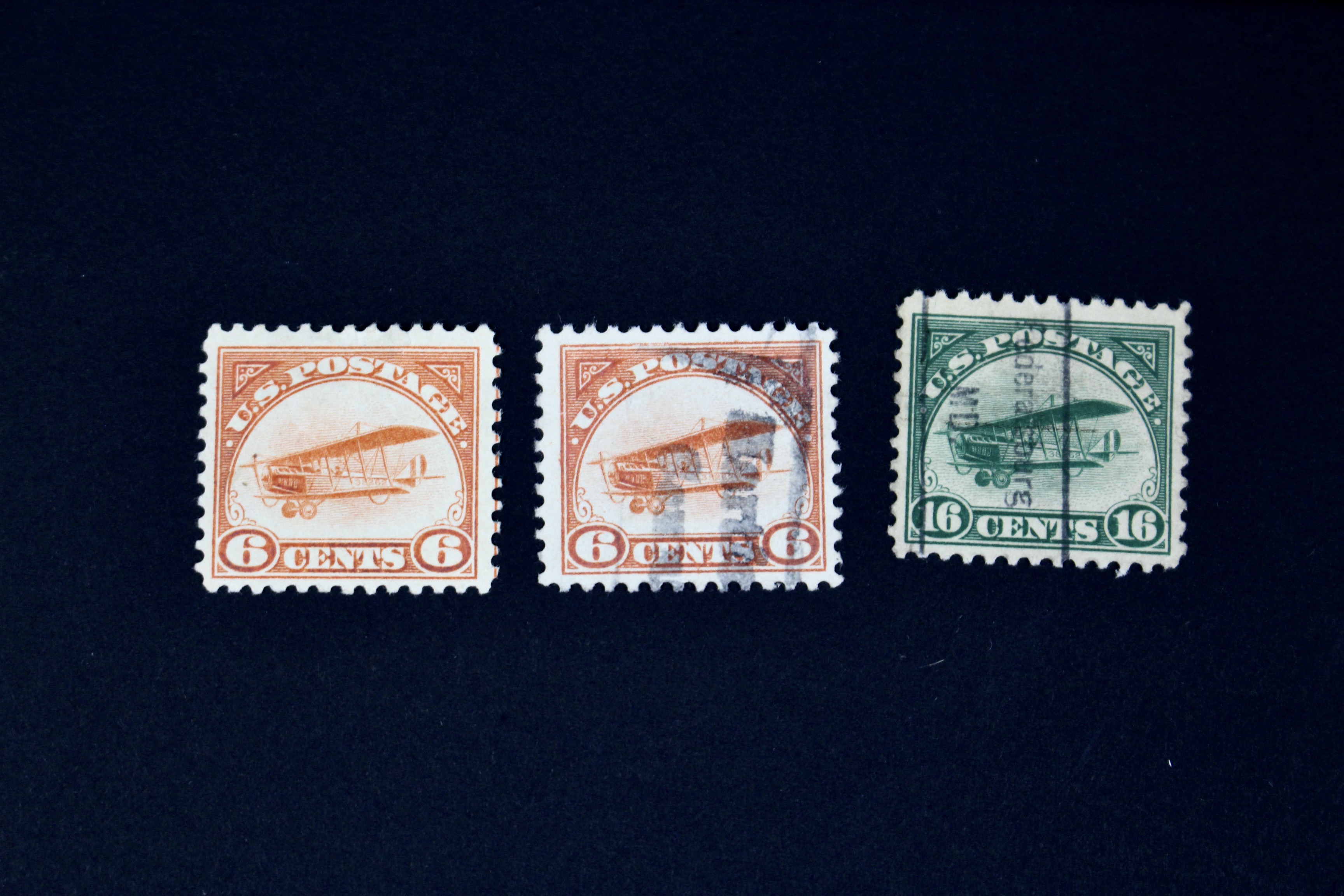 Ten Early U.S. Air Mail Stamps, Scott C1 to C6