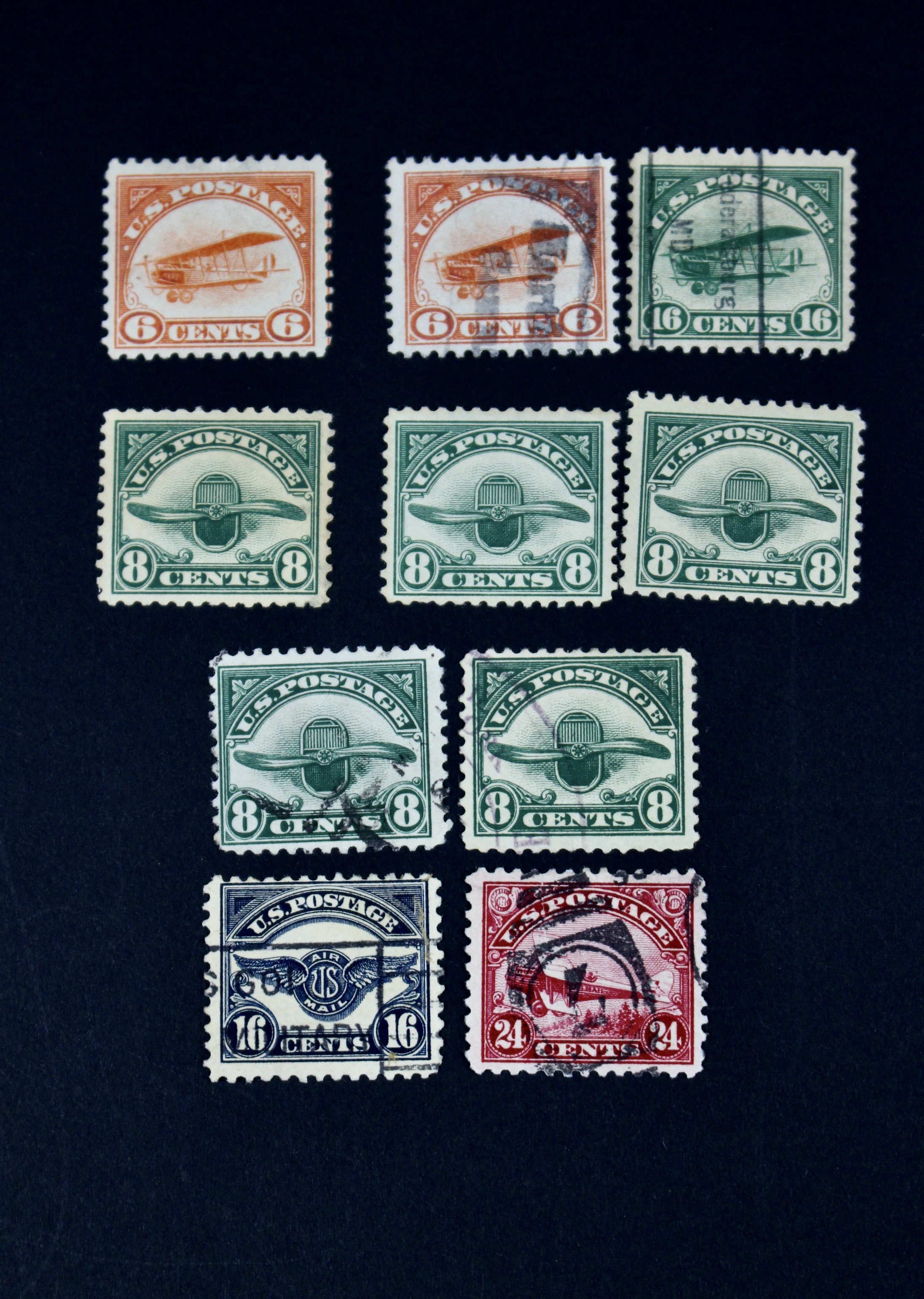 Ten Early U.S. Air Mail Stamps, Scott C1 to C6