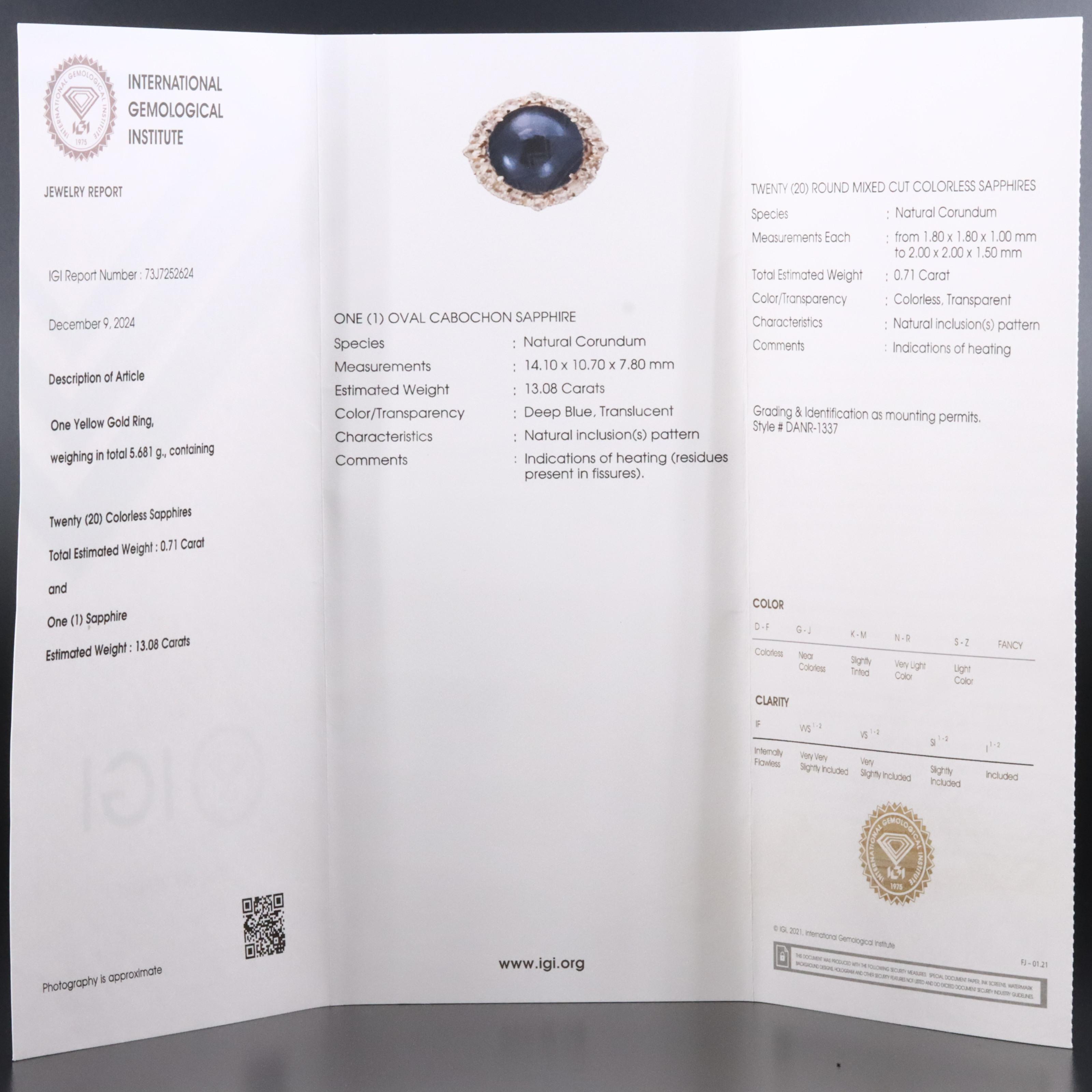 14K 13.08 CT Sapphire and White Sapphire Ring with IGI Jewelry Report