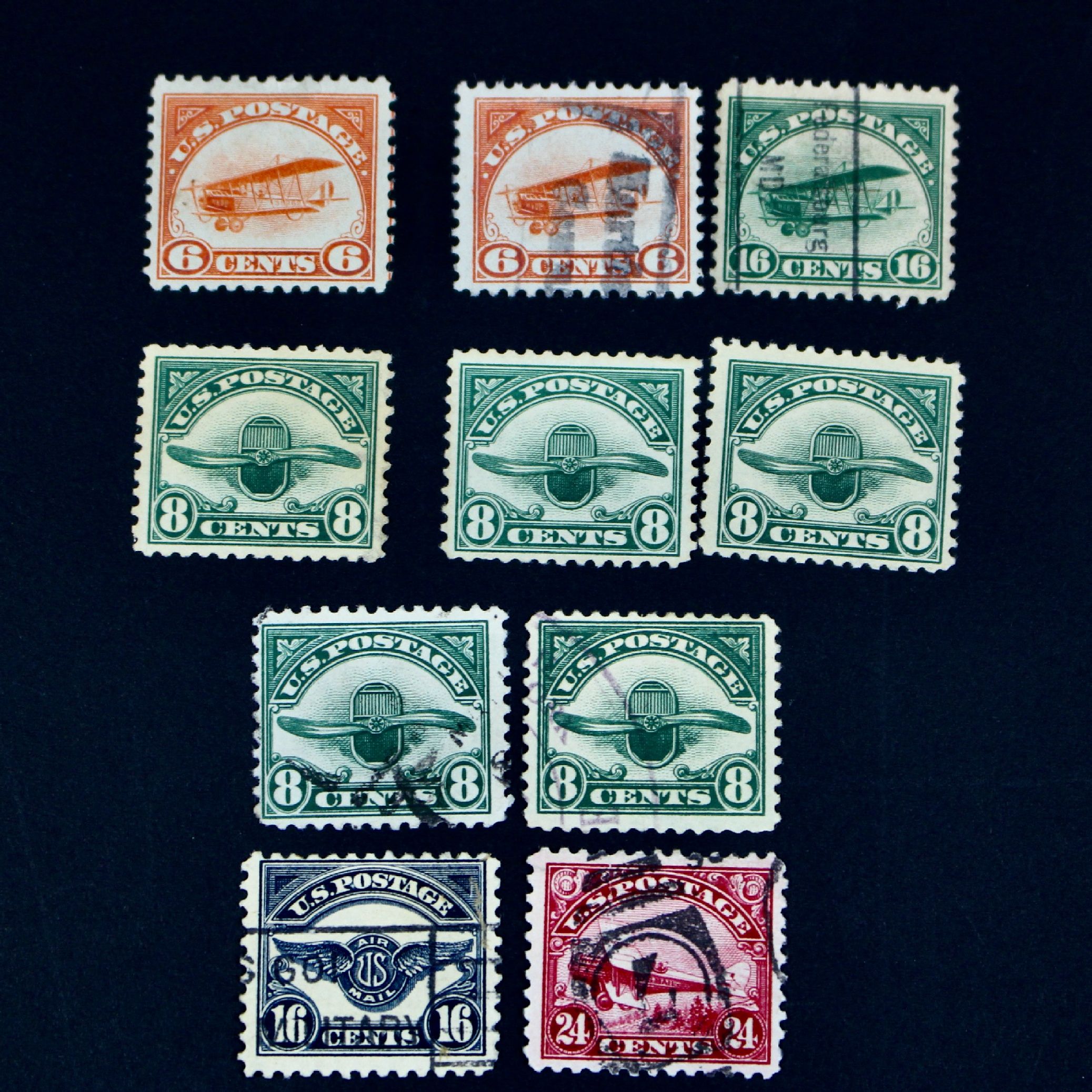 Ten Early U.S. Air Mail Stamps, Scott C1 to C6