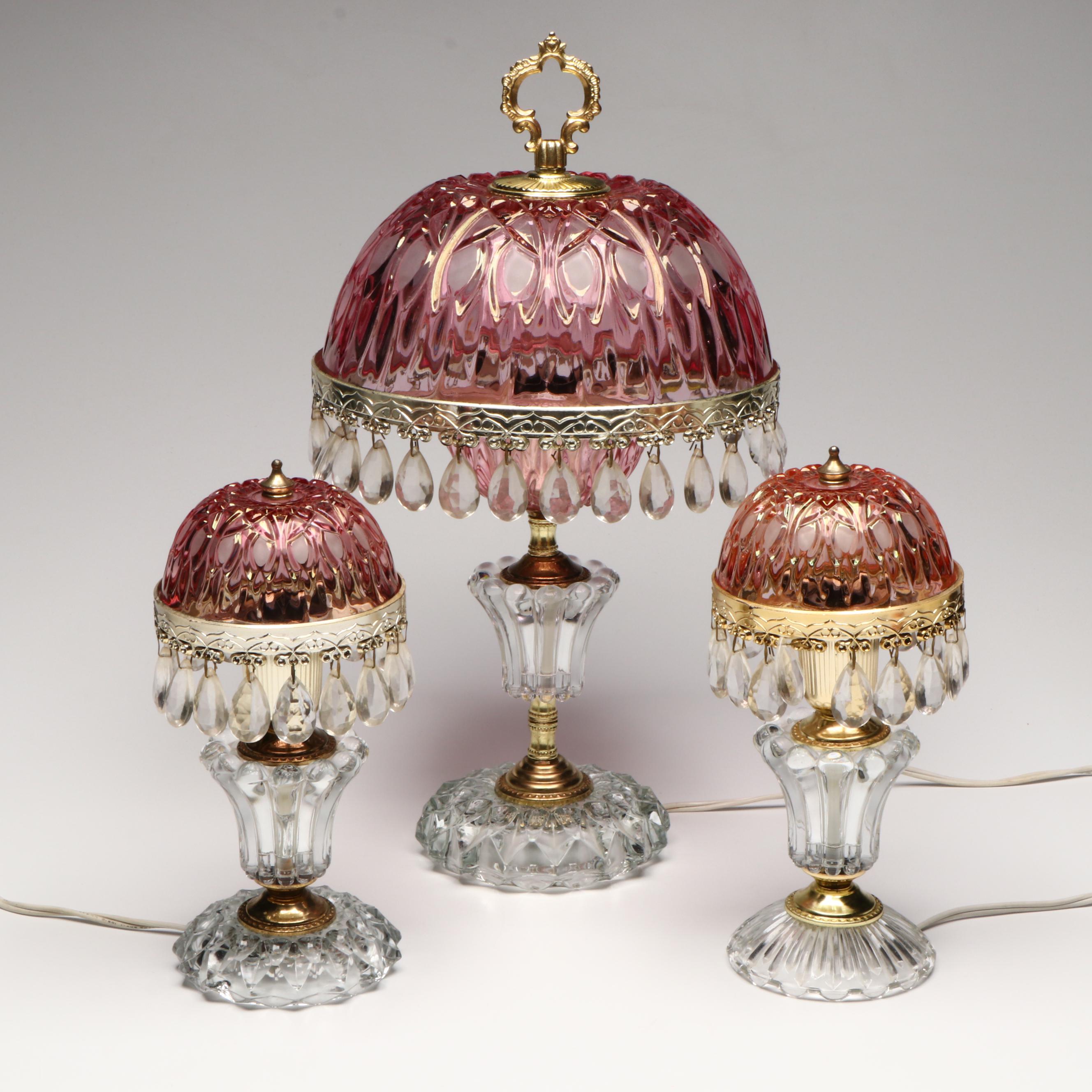 Michelloti Style Boudoir and Table Lamps with Cranberry Pink Glass Shades