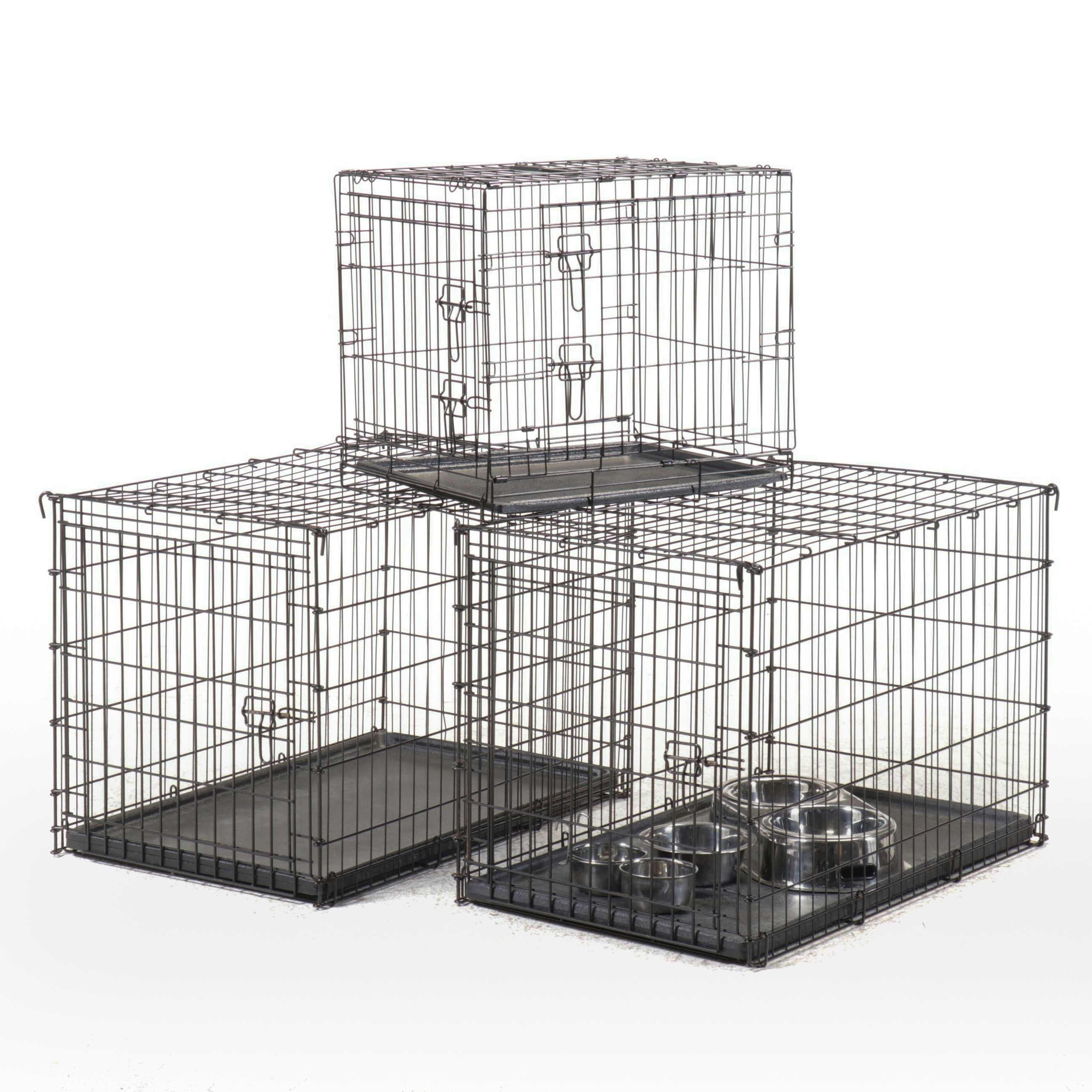Three Collapsible Metal Pet Crates with Assorted Stainless Steel Bowls