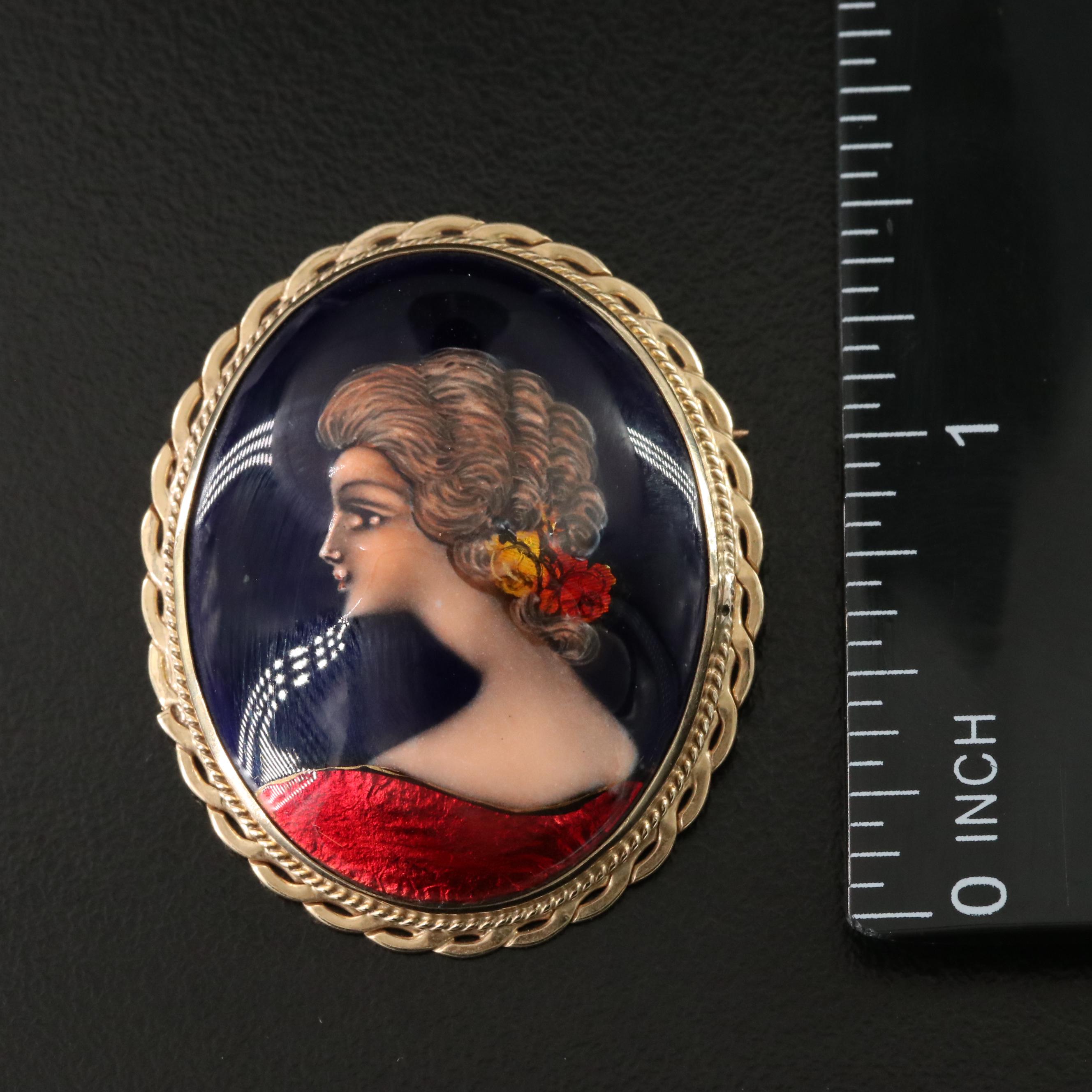 French 14K Limoges Enamel Portrait Converter Brooch