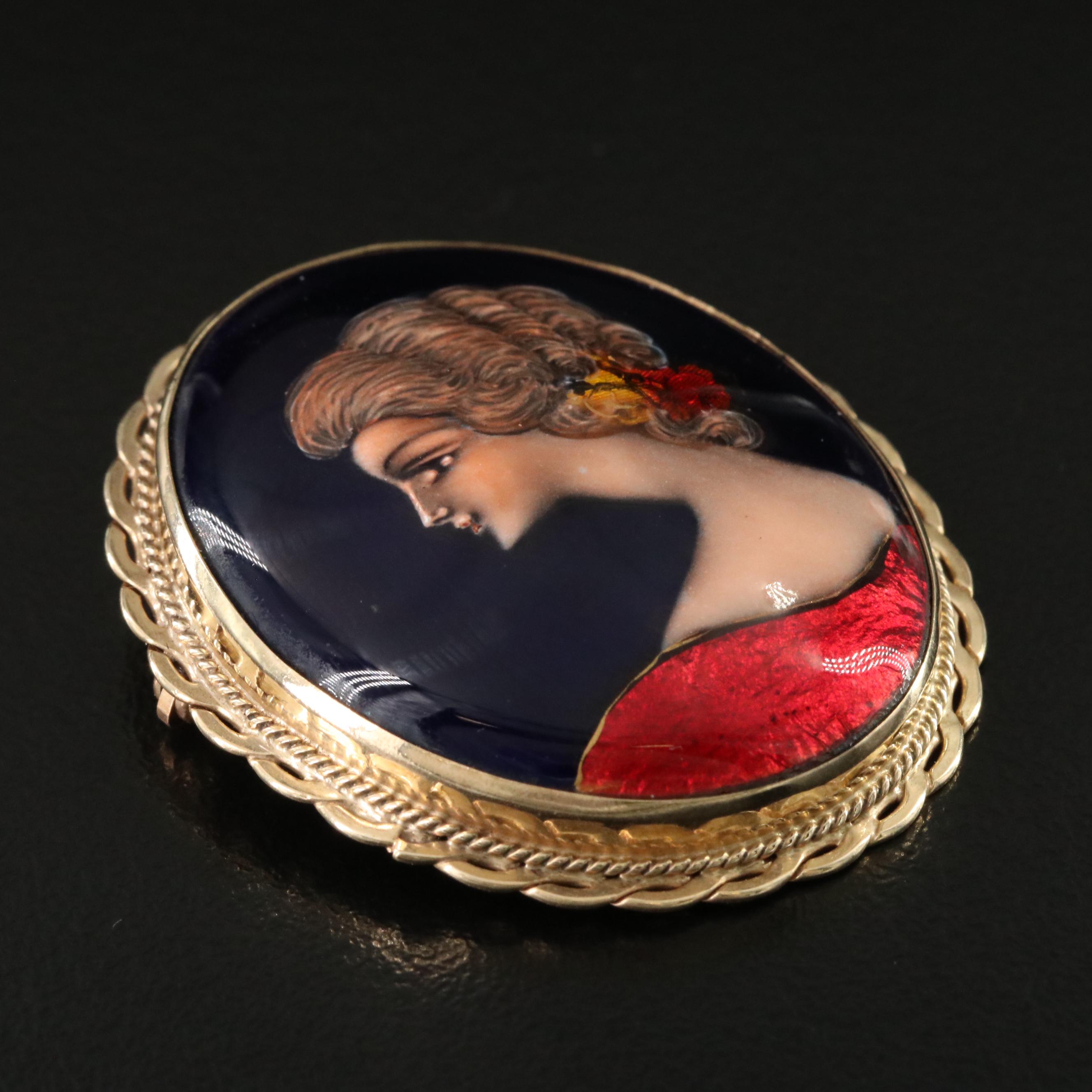 French 14K Limoges Enamel Portrait Converter Brooch