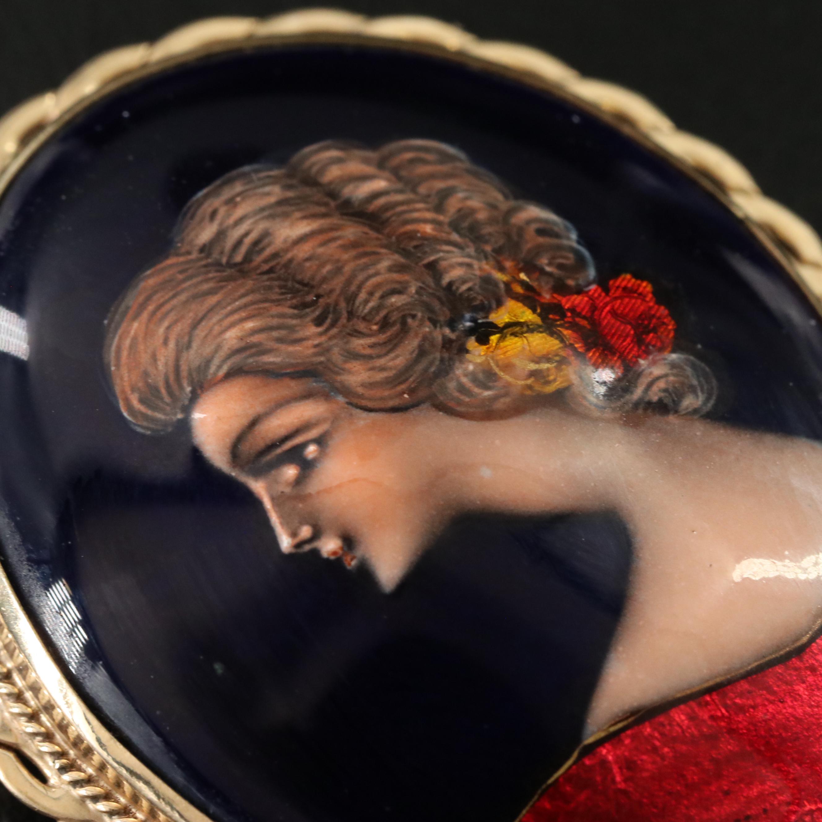 French 14K Limoges Enamel Portrait Converter Brooch