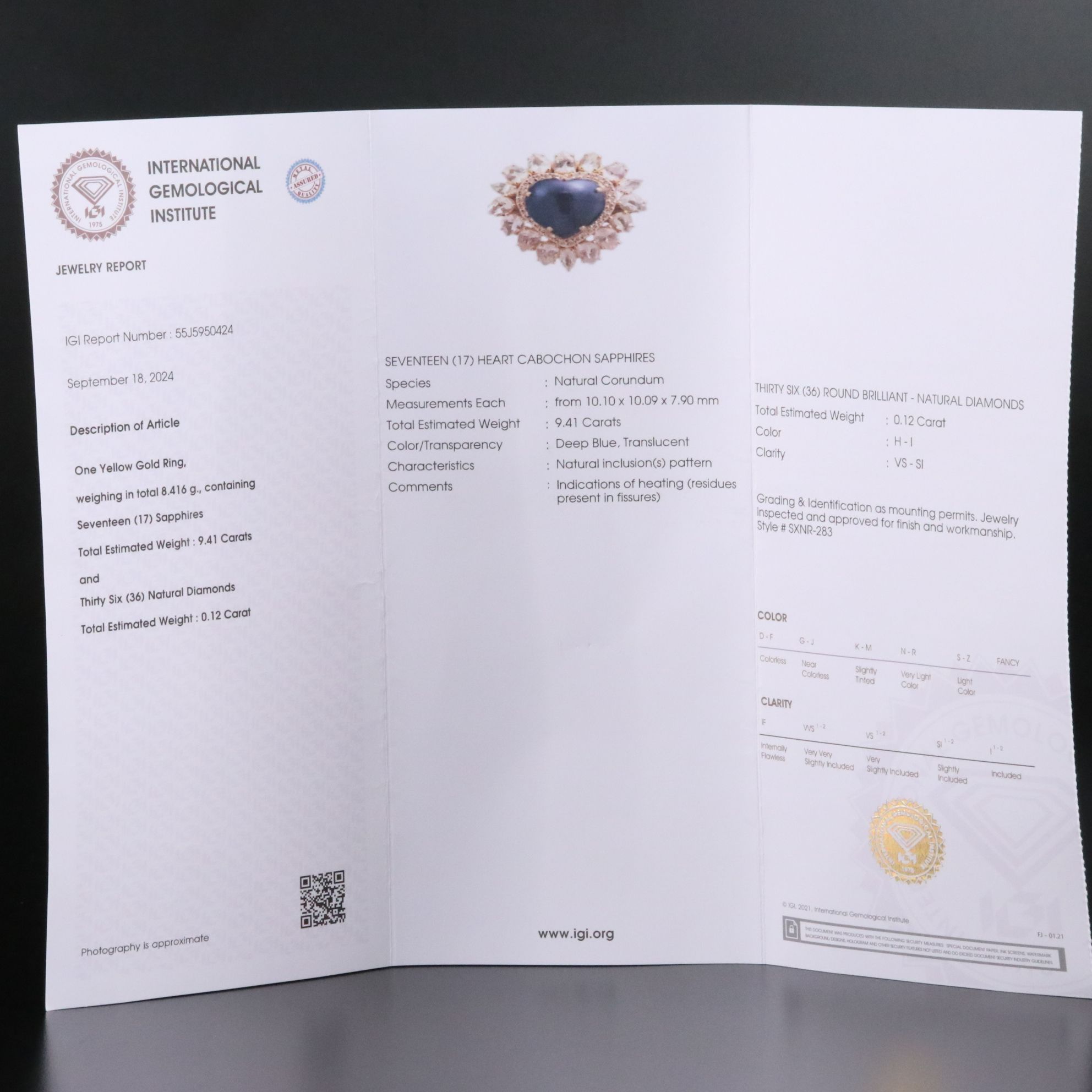 14K 9.41 CT Sapphire, Diamond, and White Sapphire Ring with IGI Jewelry Report