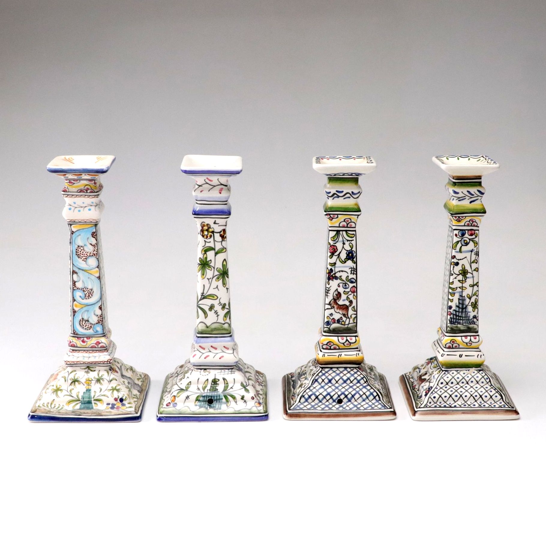 Four Hand-Painted Mazari Portugal Ceramic Candlesticks