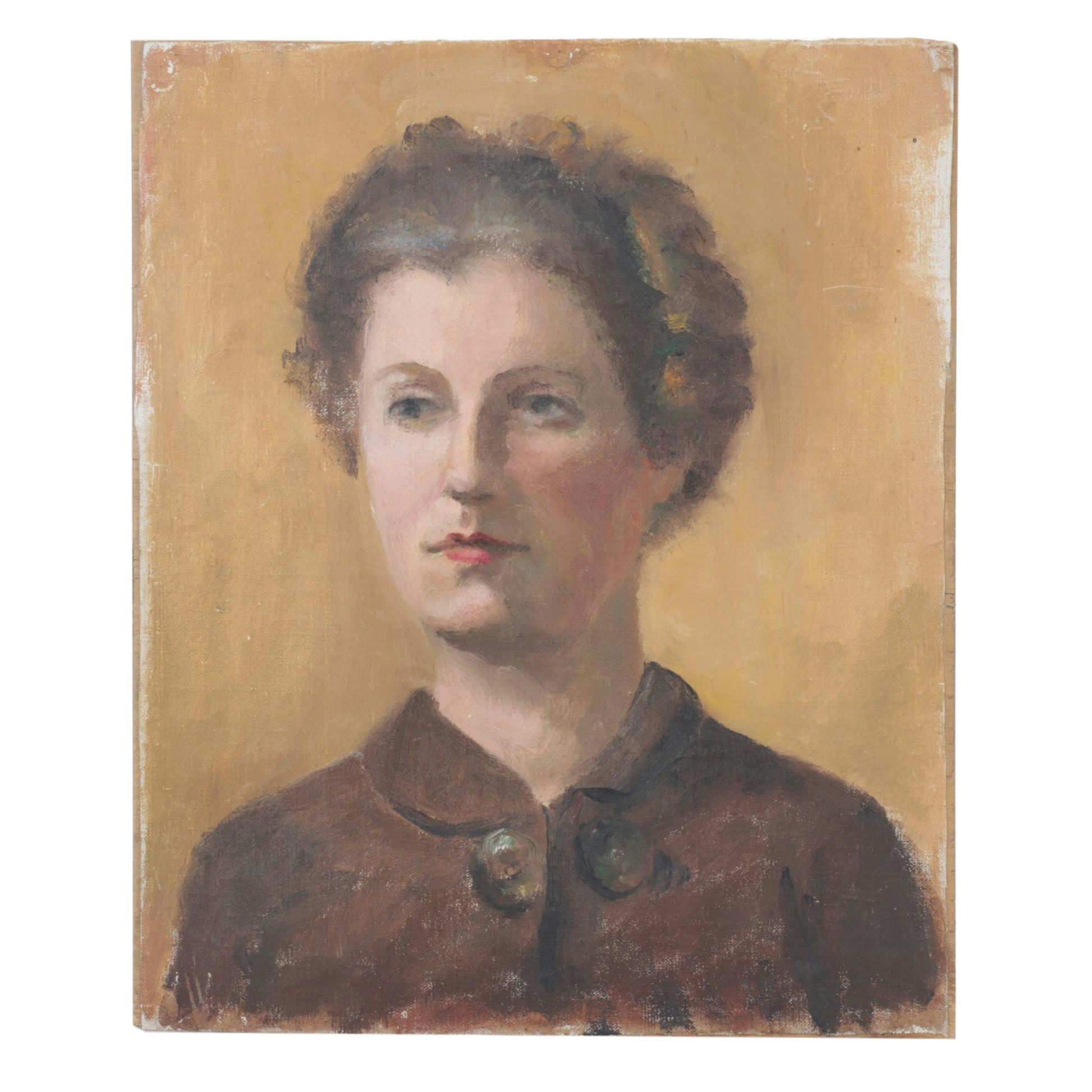 Oil Painting of Woman on Canvas Attached to Wooden Panel, Unsigned, circa 1930