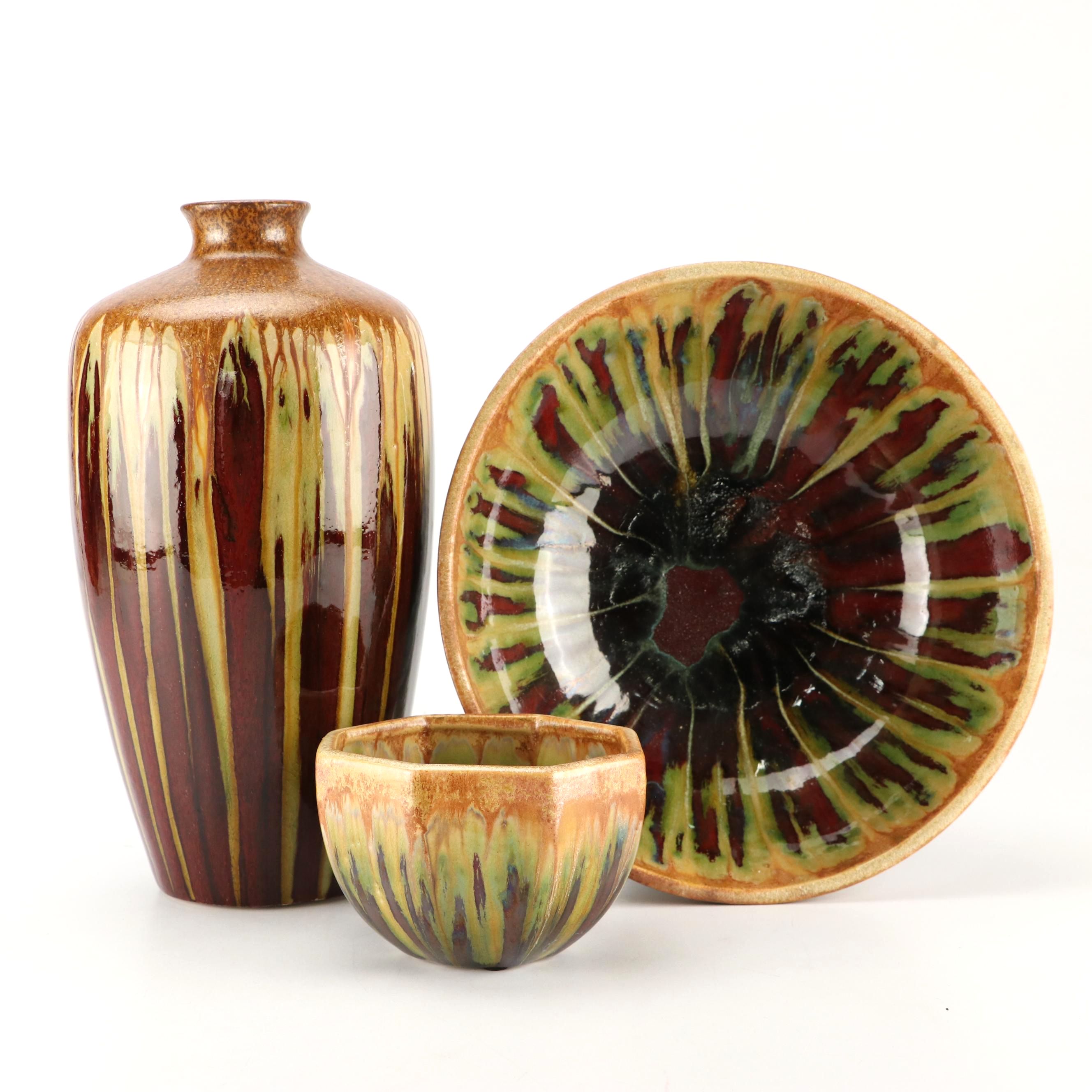 Ceramic Drip Glaze Vase and Bowls