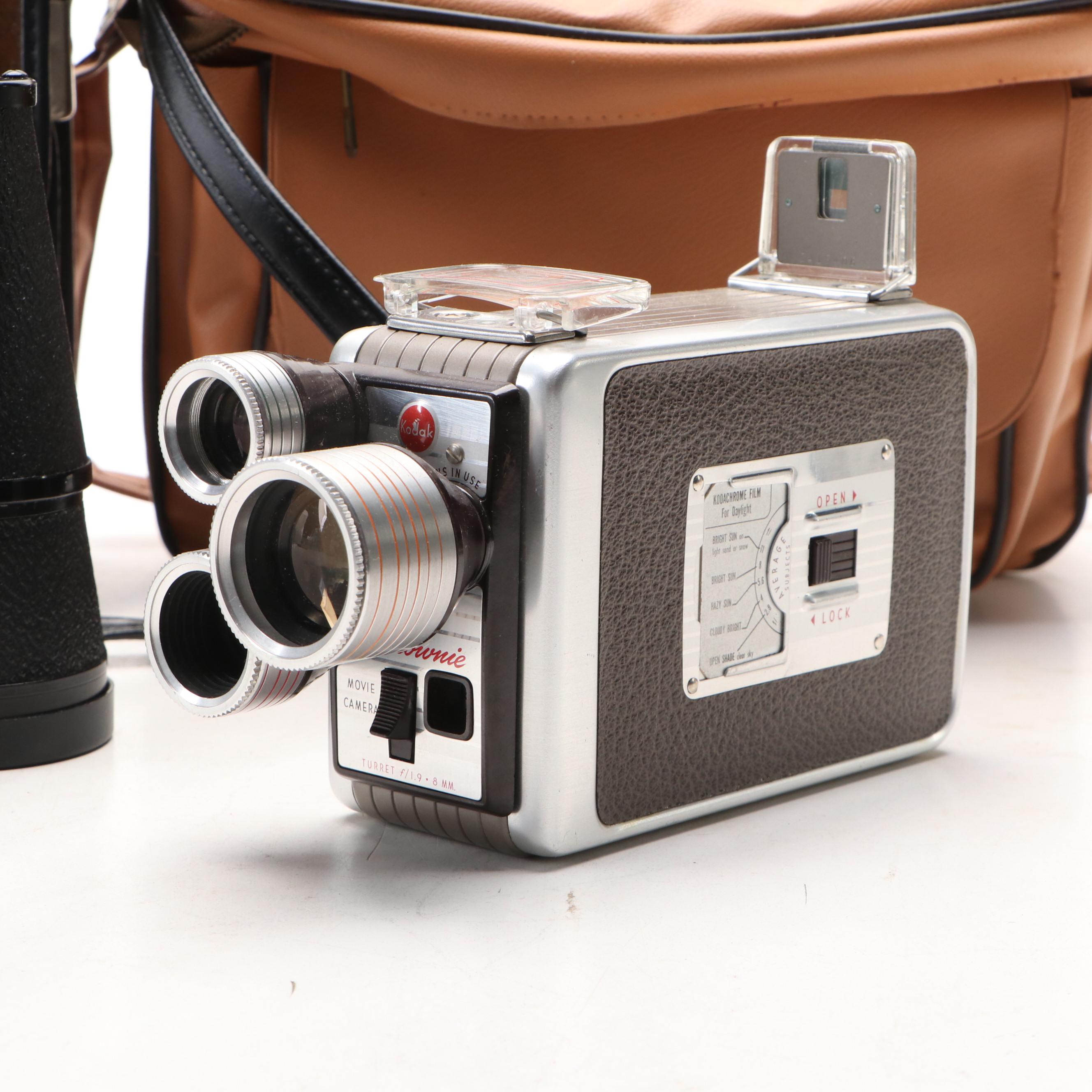 Kodak 8mm Brownie Movie Camera and Bushnell Binoculars, Mid-20th Century