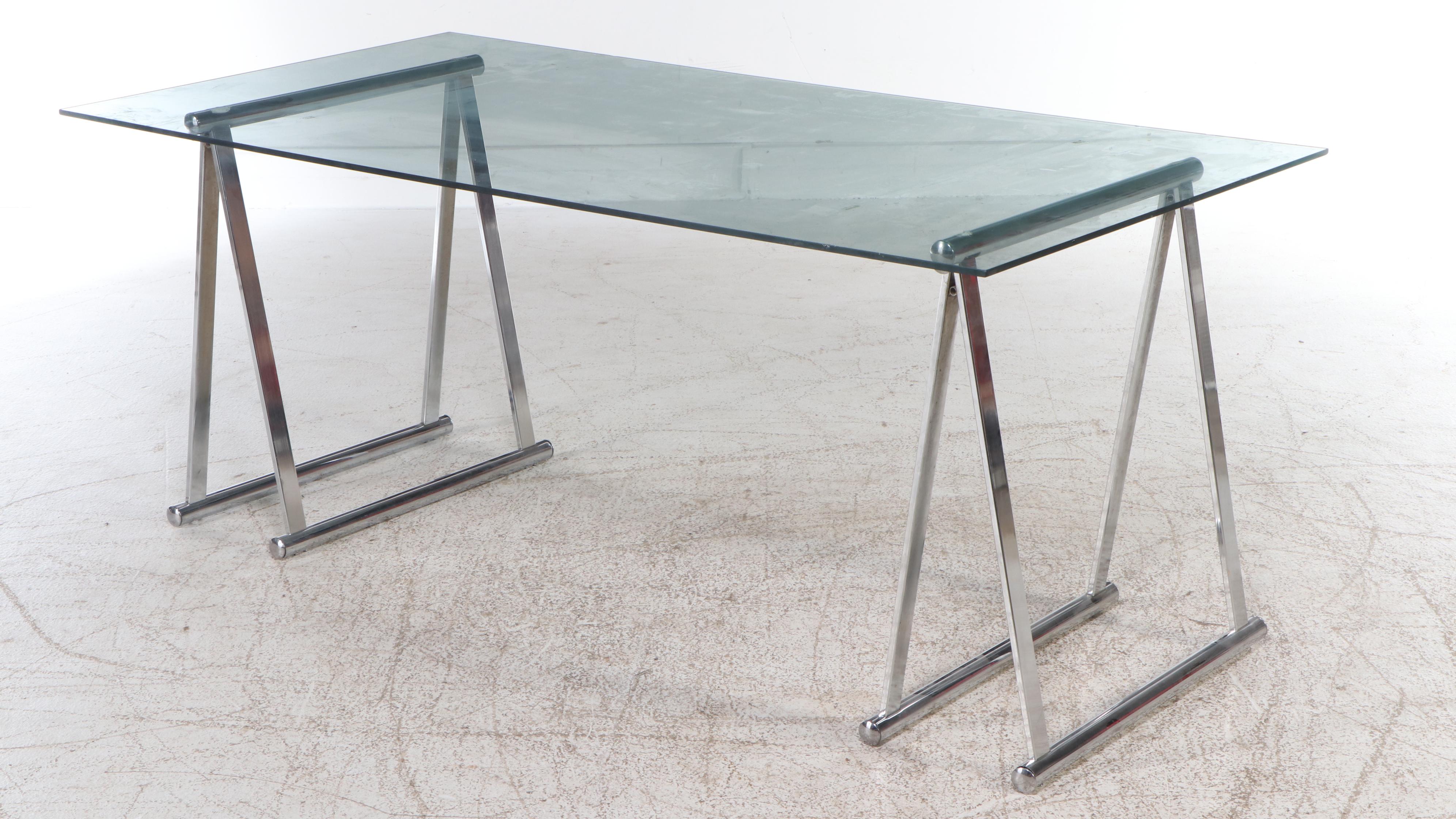 Contemporary Chrome and Glass Desk with Cane Cantilever Armchair