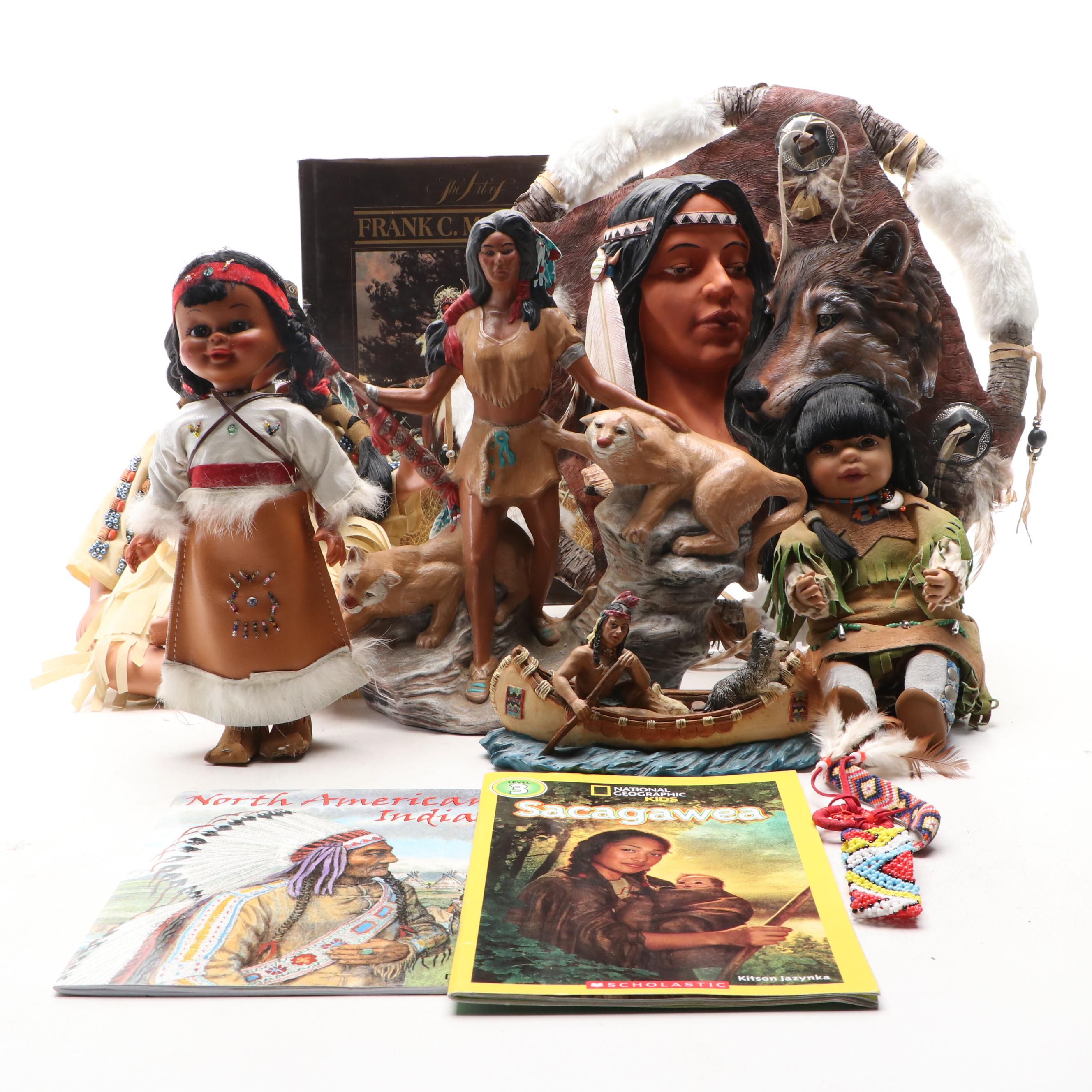 Native American Figurine and Doll Collection Featuring Painting Book