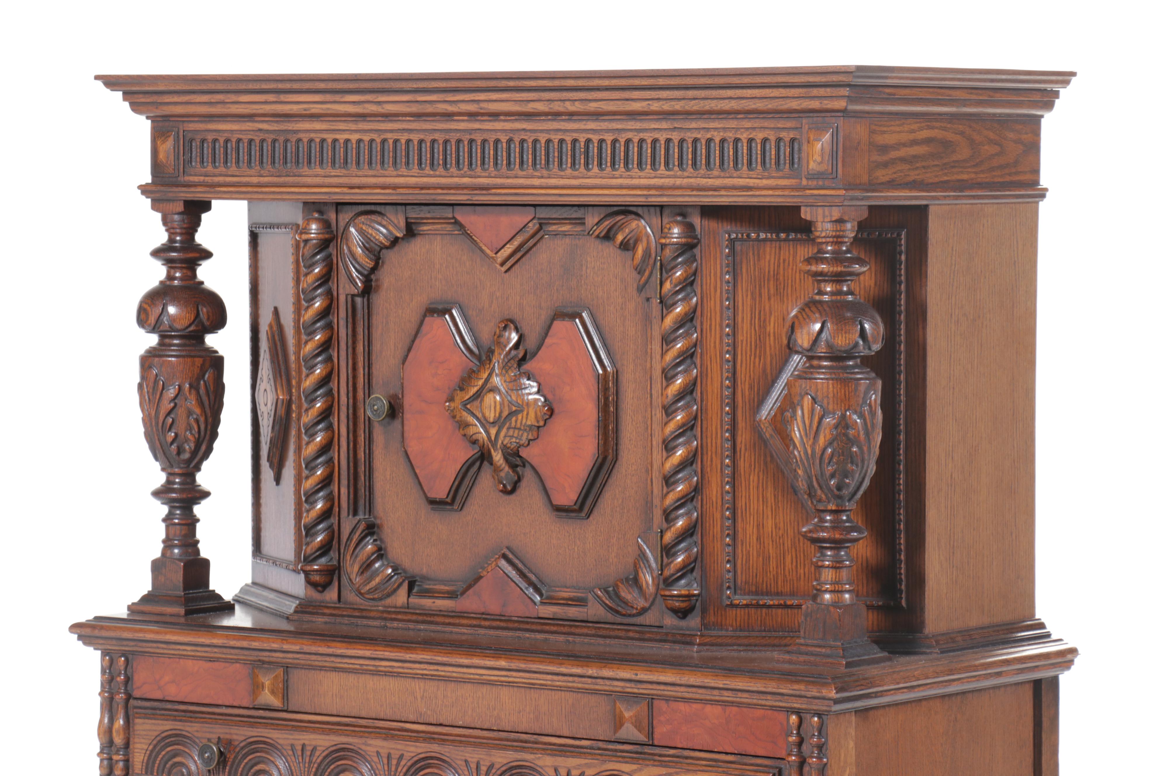 Jacobean Revival Oak China Cabinet, Early to Mid-20th Century