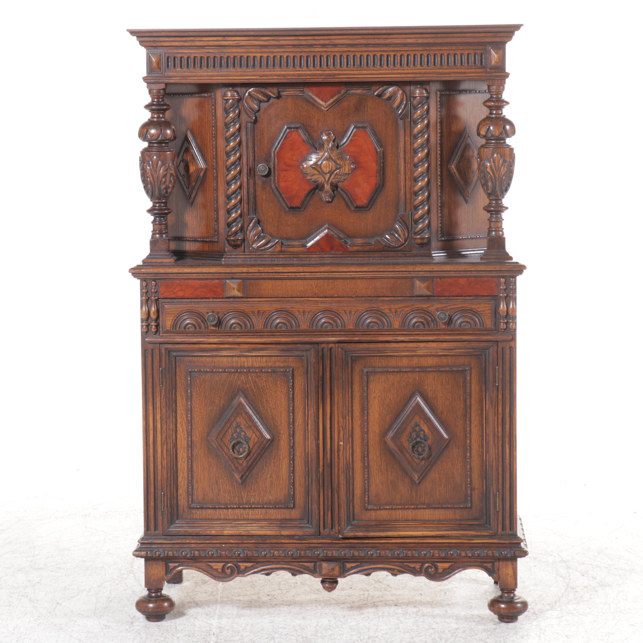 Jacobean Revival Oak China Cabinet, Early to Mid-20th Century