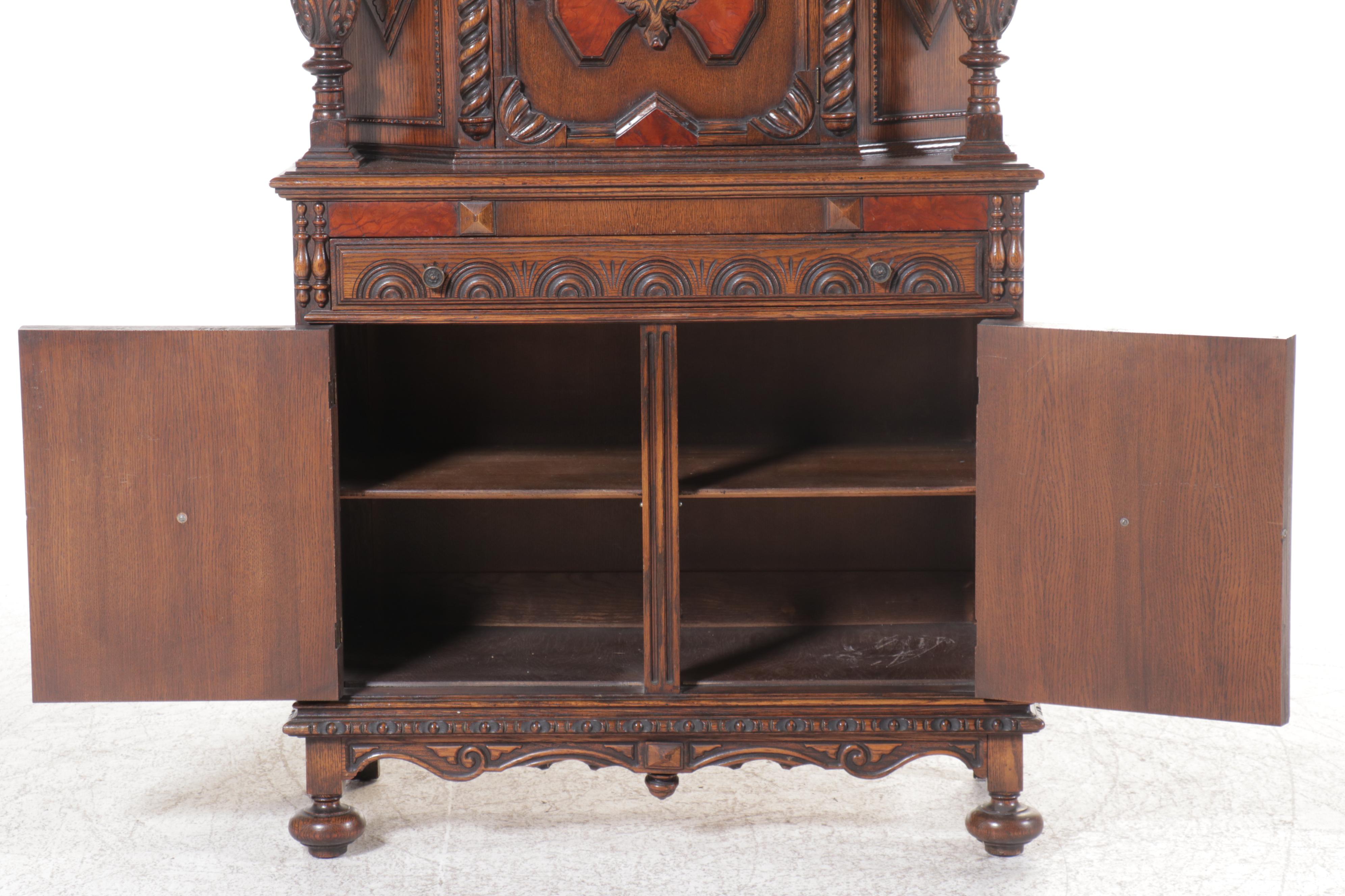 Jacobean Revival Oak China Cabinet, Early to Mid-20th Century