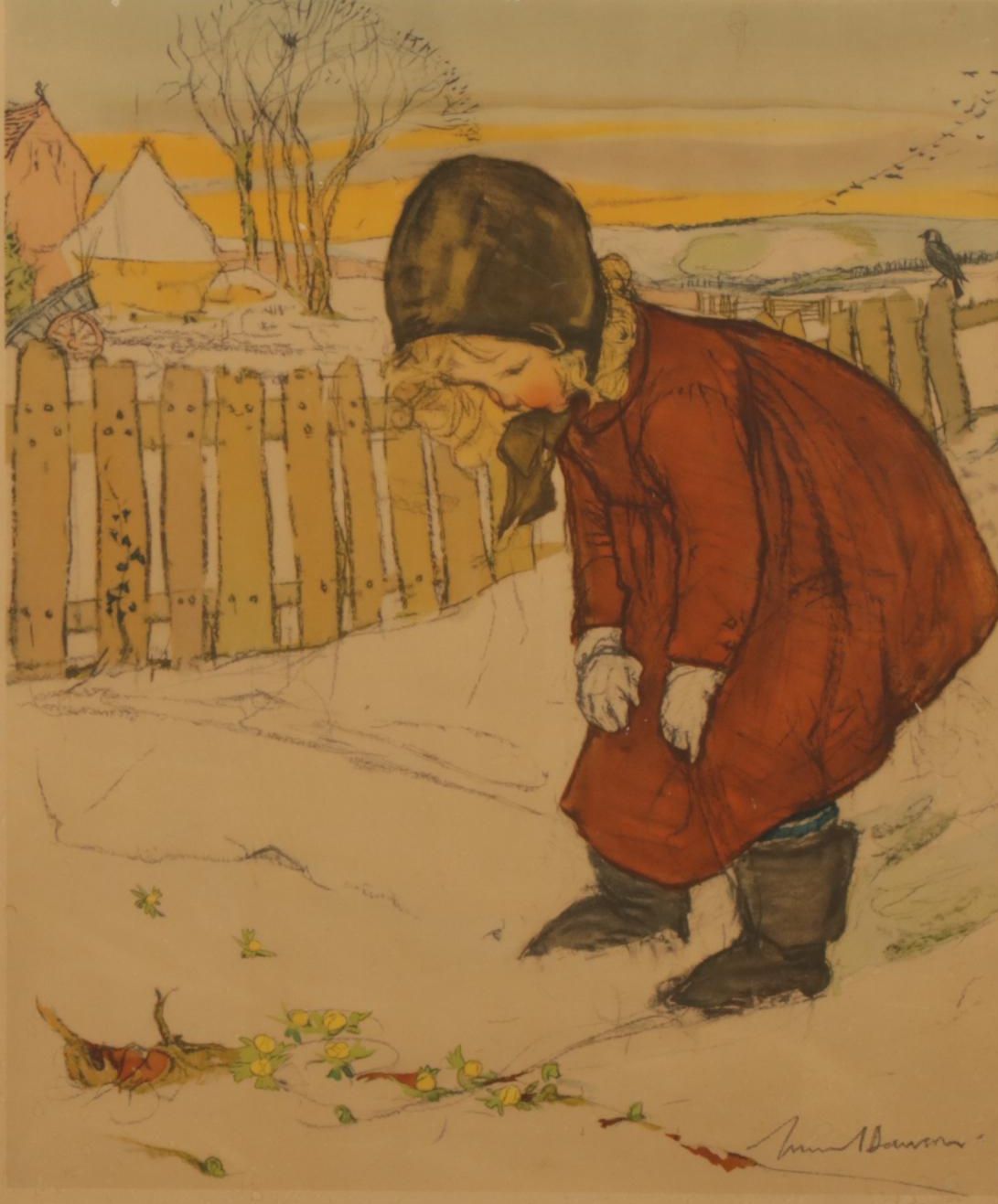 Muriel Dawson "The First Aconite" Offset Lithograph, Mid to Late 20th Century